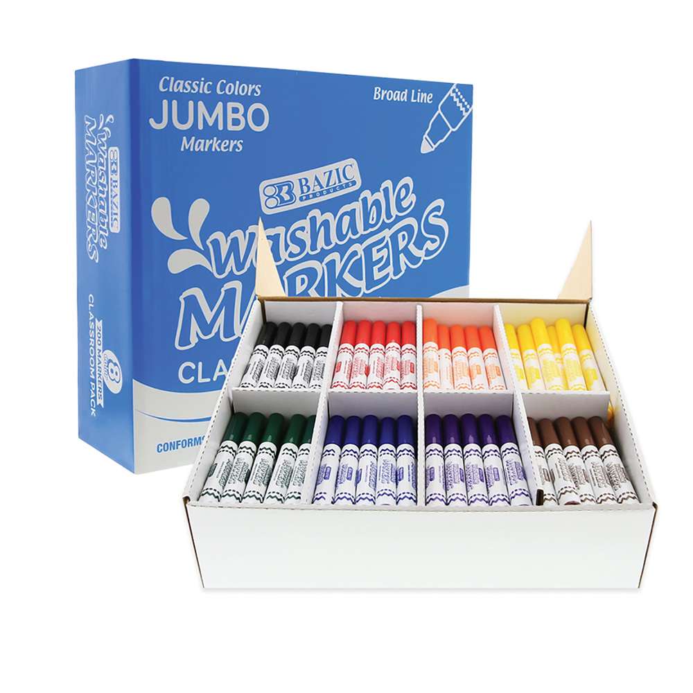 8 Colors Broad Line Jumbo Washable Markers Classroom Pack (200 Ct)
