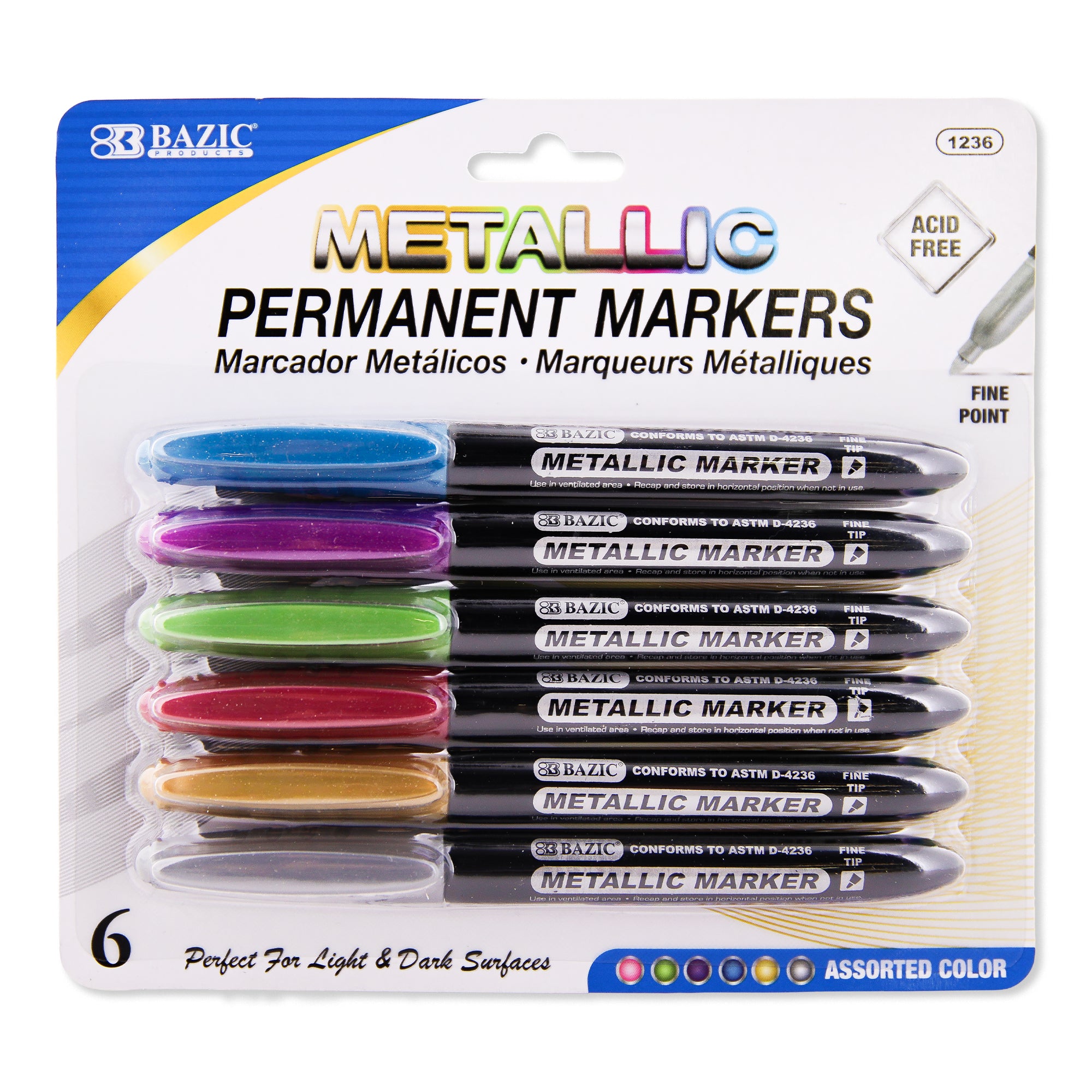 Set of 6 BAZIC BYOB metallic color markers with vibrant, shiny ink for creative writing and artwork.