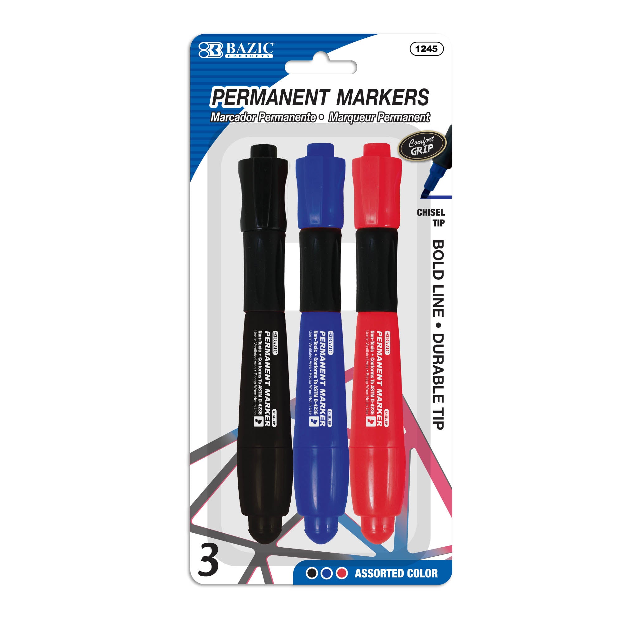 Set of three BAZIC Assorted Colors Chisel Tip Jumbo Permanent Markers with grip, perfect for bold, colorful writing and art projects.