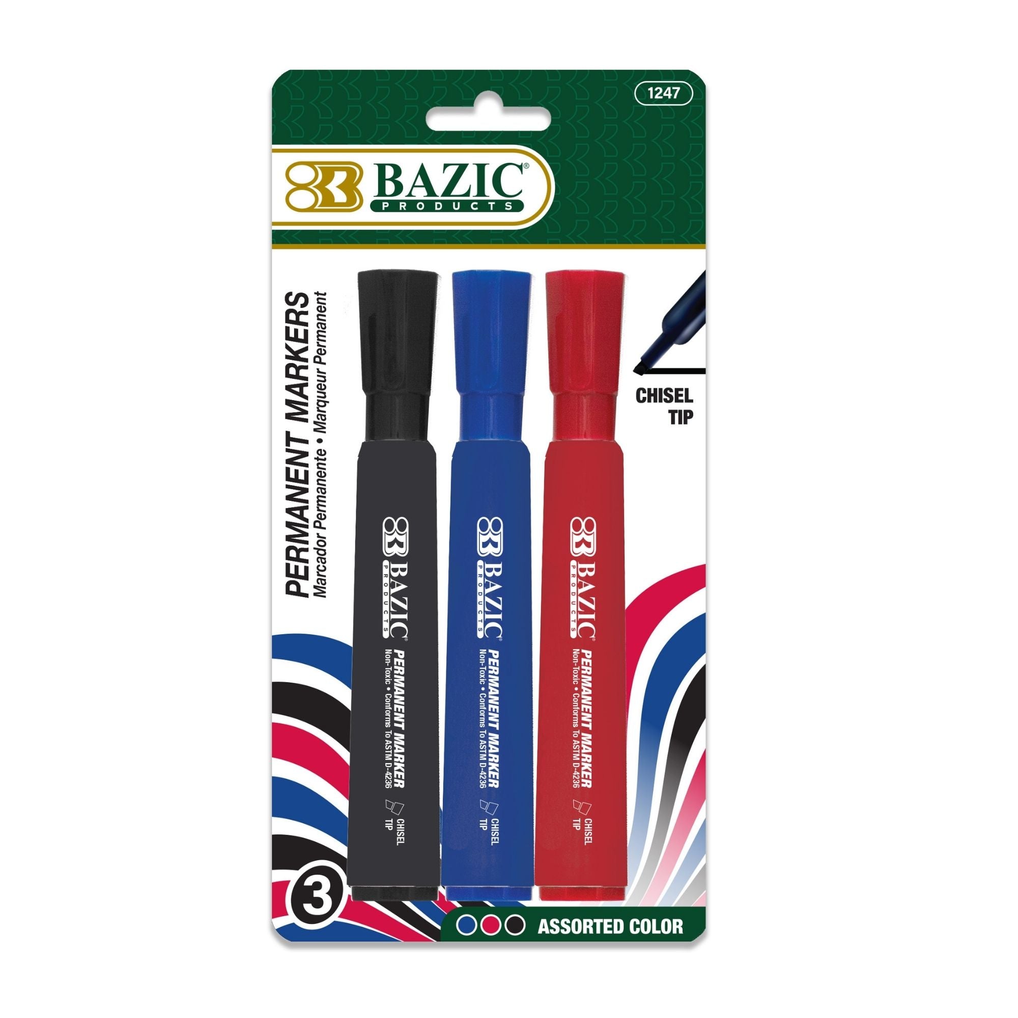 Set of three BAZIC Assorted Colors Chisel Tip Permanent Markers in desk style, featuring bold ink and durable chisel tips.