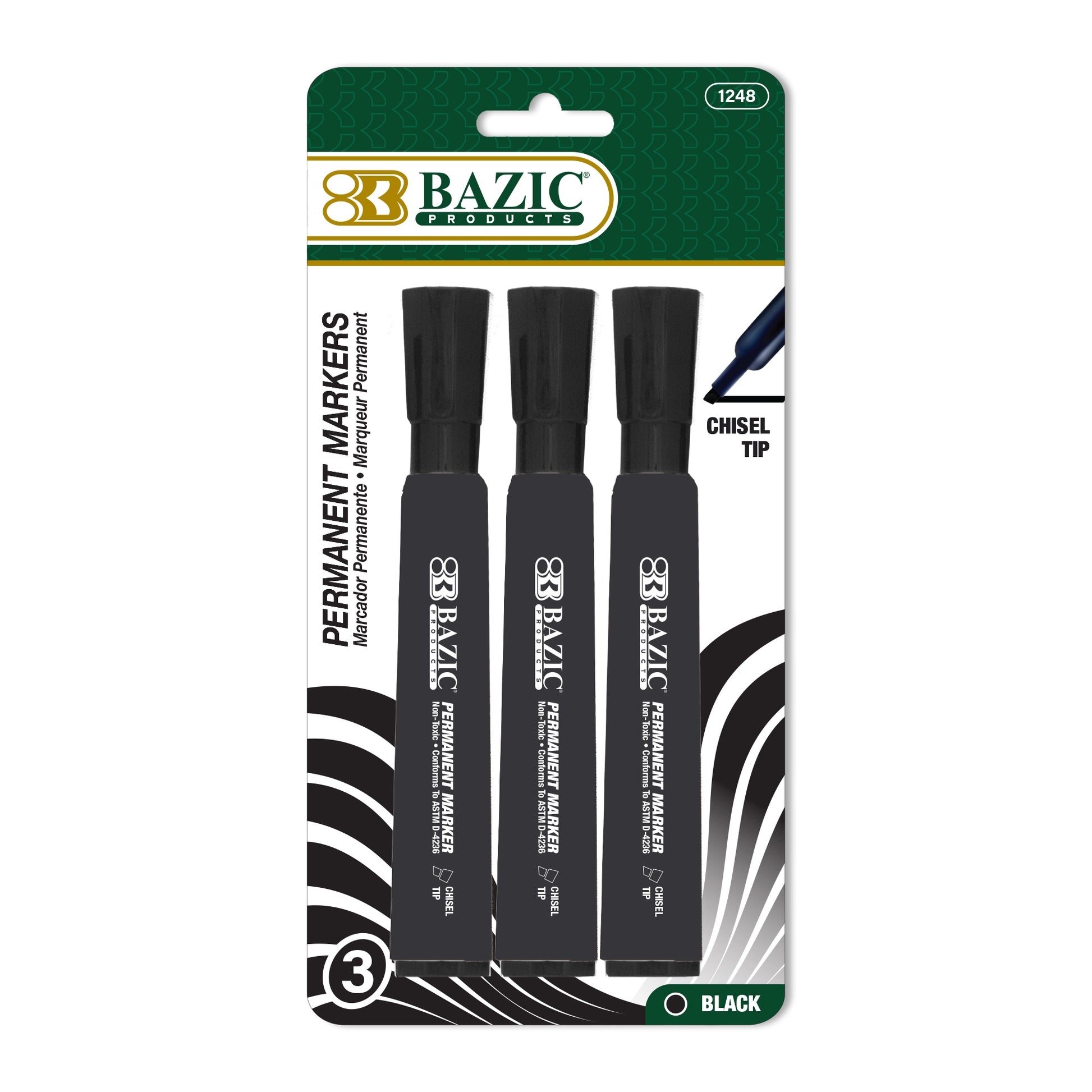 Set of three BAZIC black chisel tip permanent markers in desk style for writing and marking on various surfaces.
