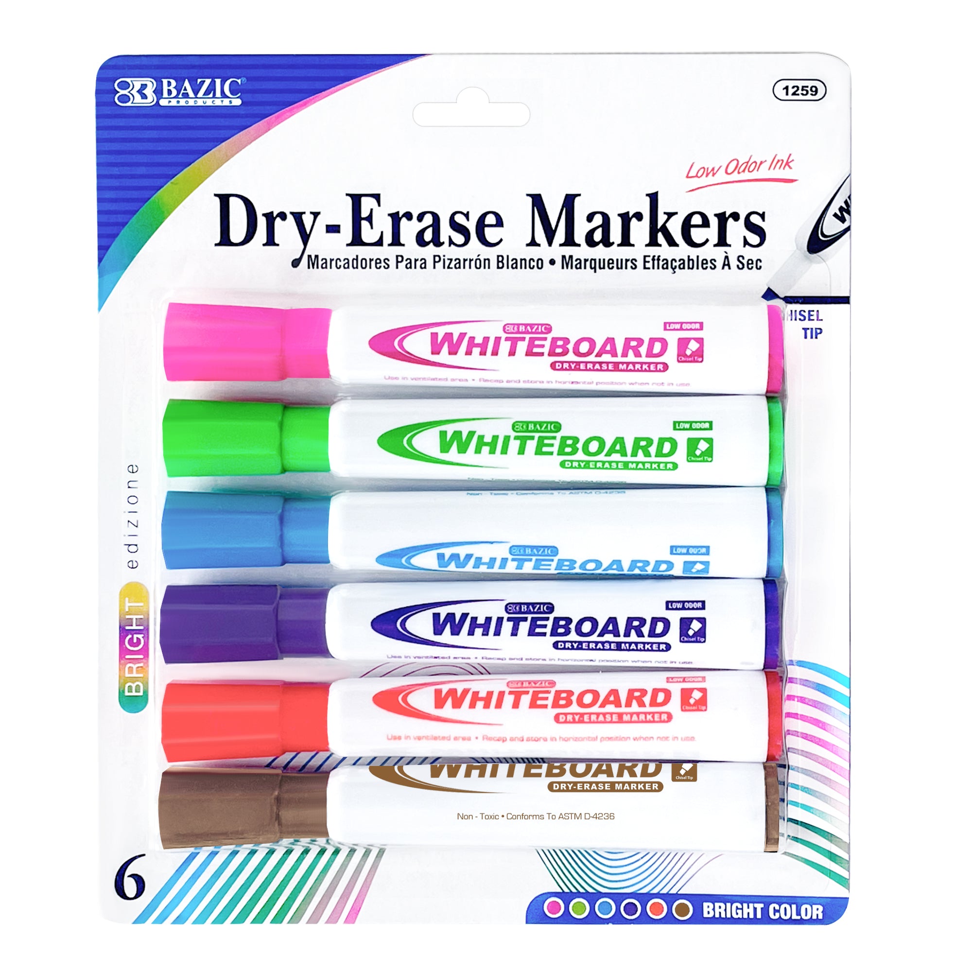 Set of six BAZIC Bright Colors Chisel Tip Dry-Erase Markers for whiteboards and classroom use.