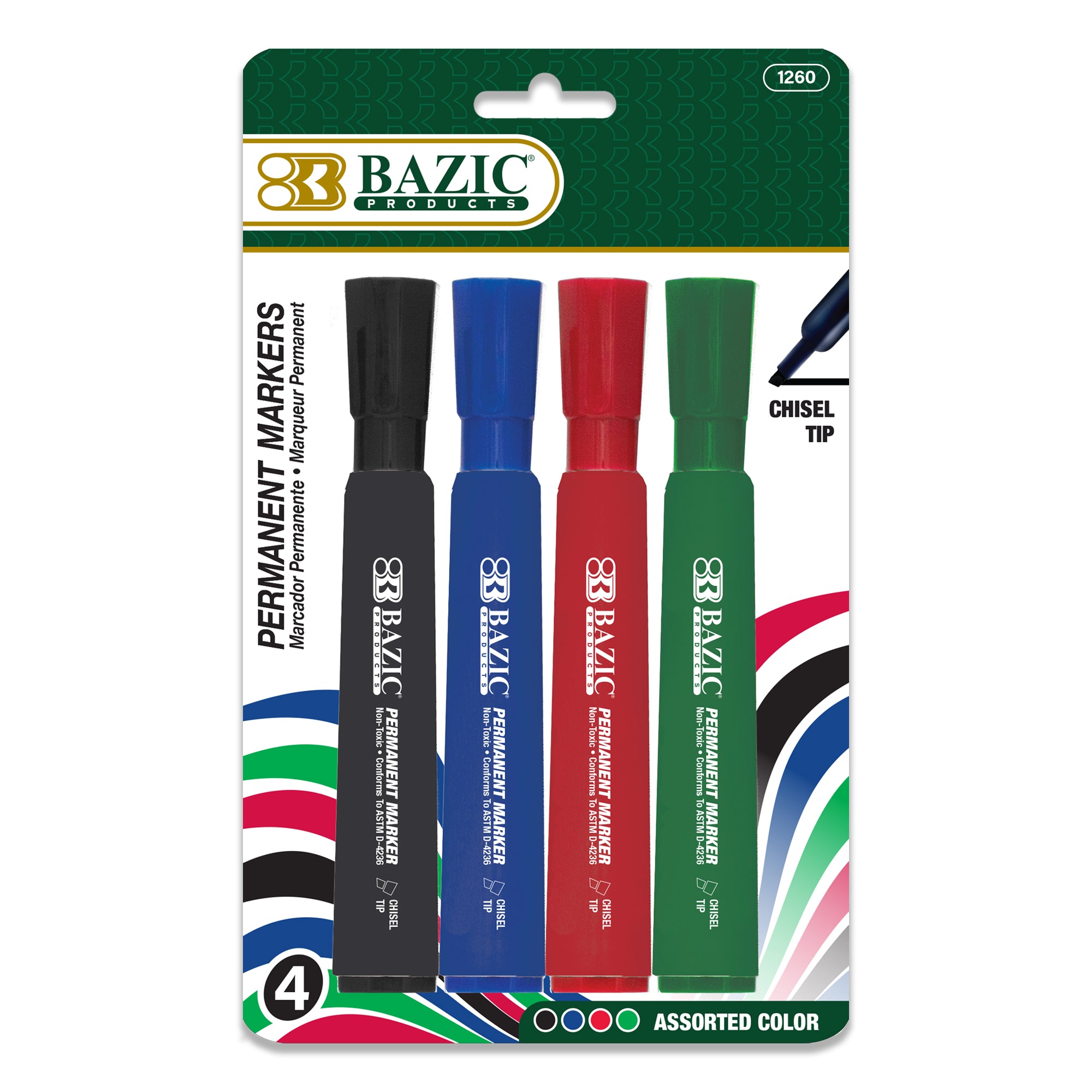 Set of four BAZIC Assorted Colors Chisel Tip Permanent Markers in desk style, featuring vibrant ink and durable chisel tips.