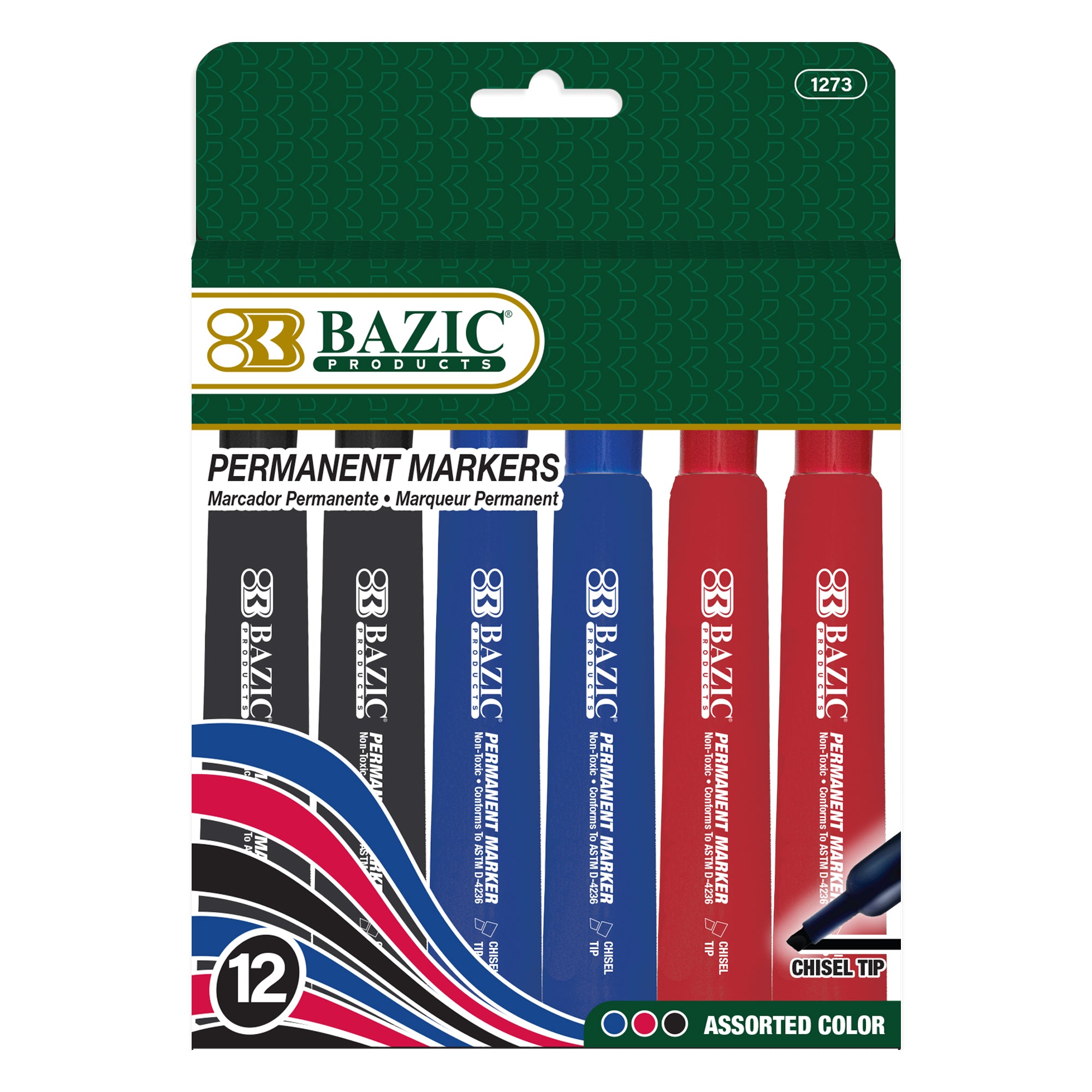 Set of 12 BAZIC Assorted Colors Chisel Tip Permanent Markers in desk style for bold writing and coloring.