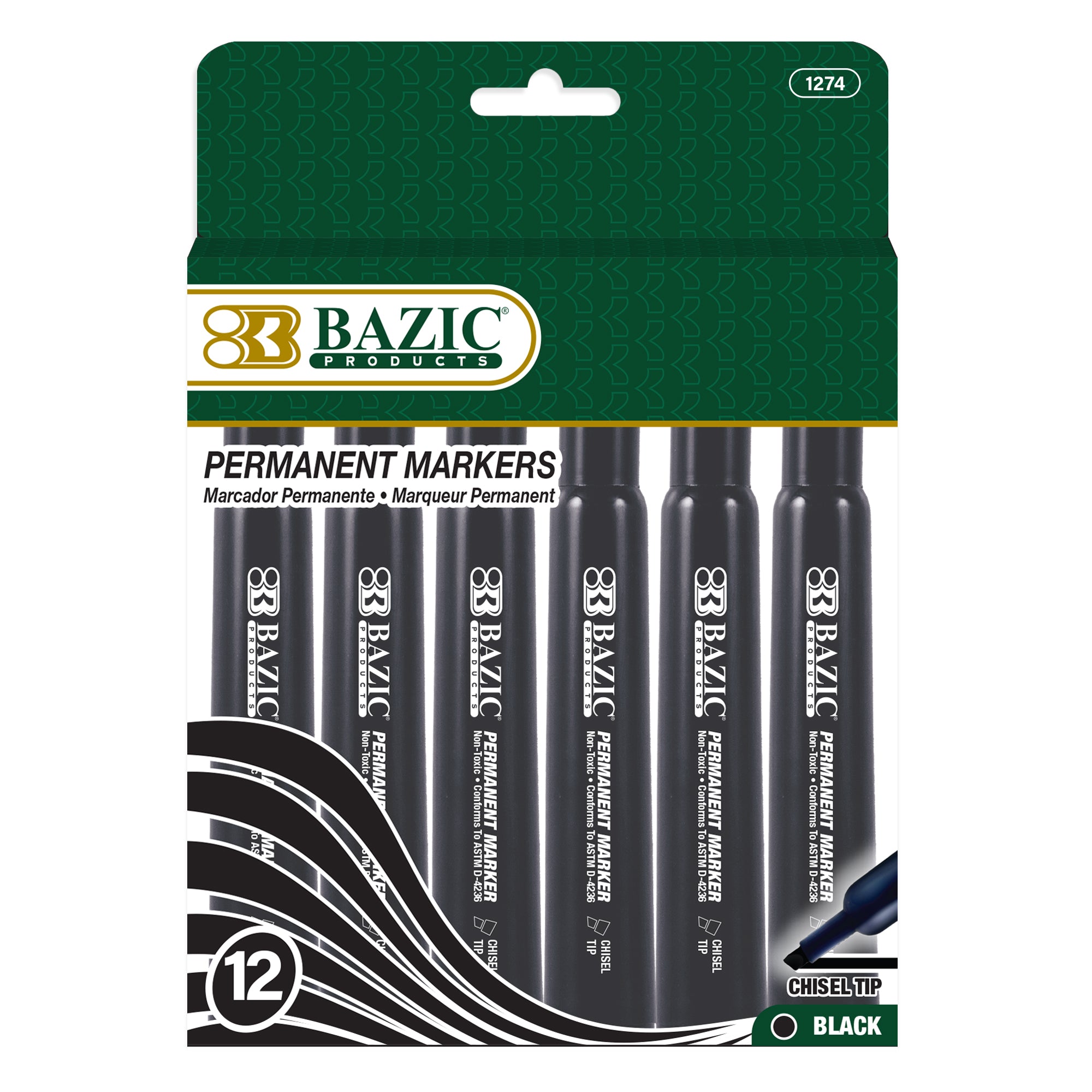 Set of 12 BAZIC Black Colors chisel tip permanent markers with desk style design, ideal for writing and marking tasks.