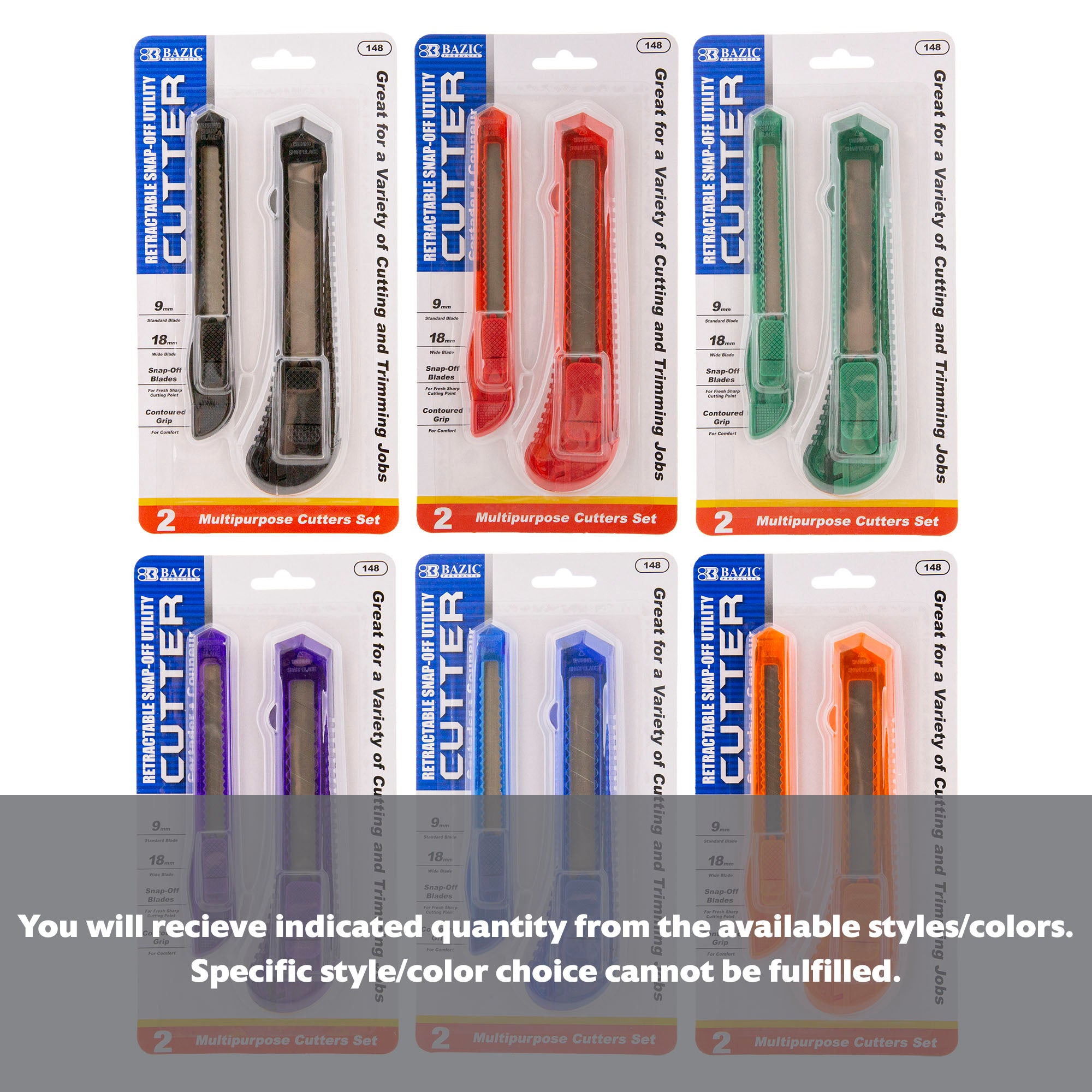 BAZIC Jumbo and mini multipurpose BYOB cutters, 2-pack, with colorful handles and sharp blades for versatile cutting tasks.