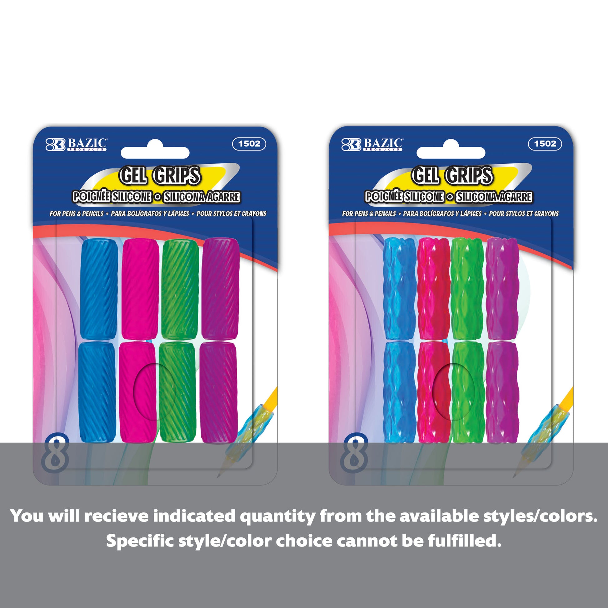 Assorted color and shape gel pen grips by BAZIC in an 8-pack, designed for comfortable writing and added style.