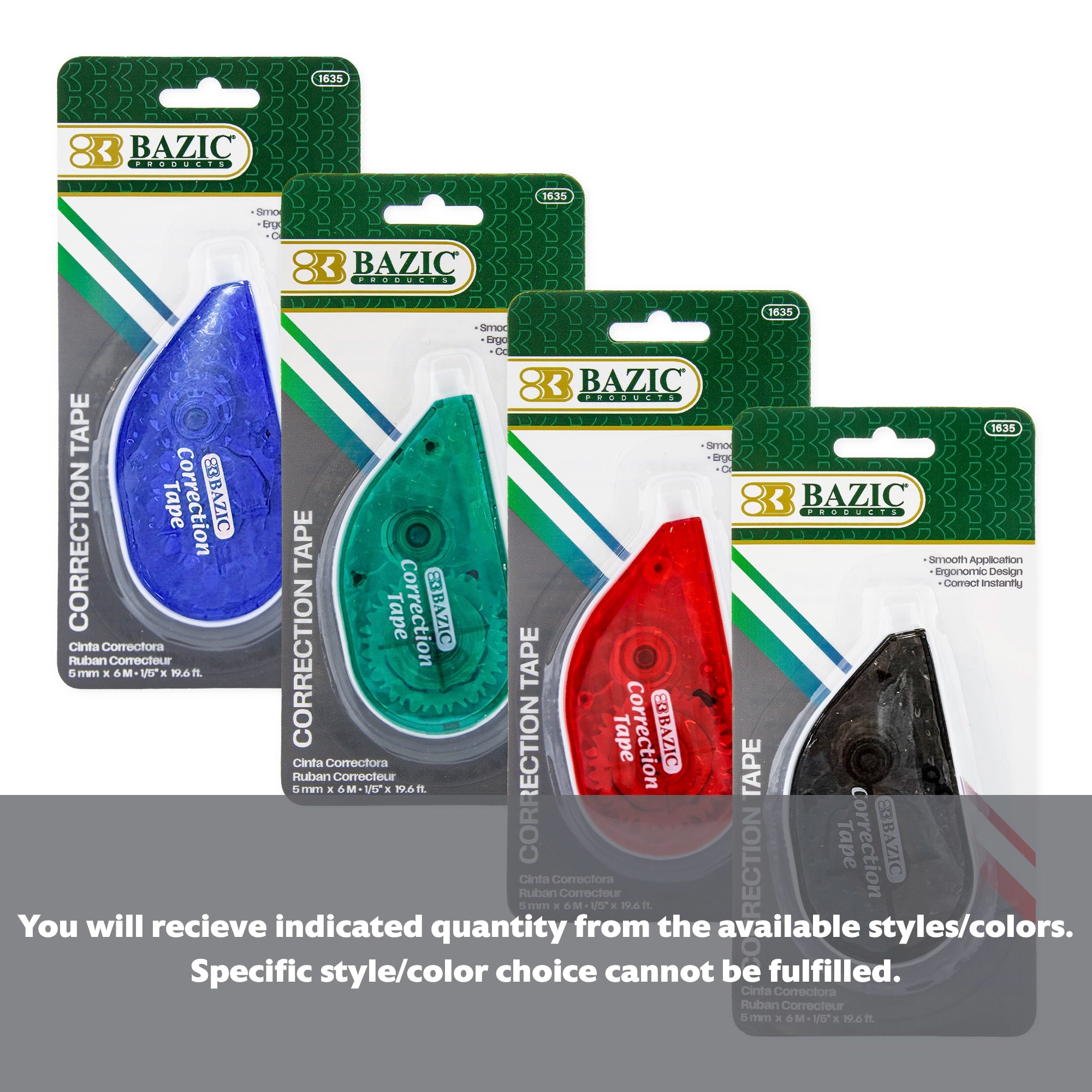 BAZIC Crystal 5mm x 236-inch correction tape in a BYOB dispenser, used for quick, clean paper correction.