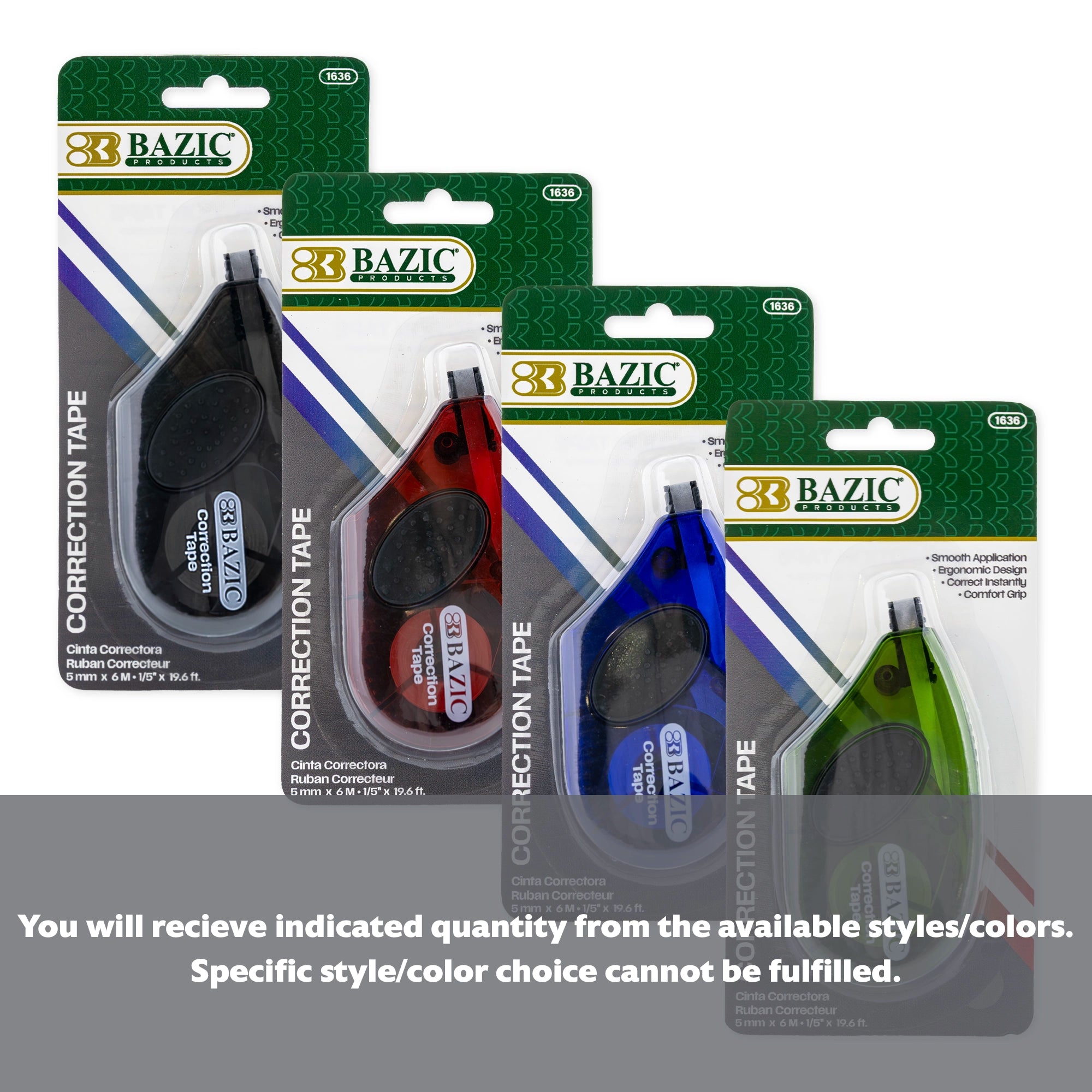 BAZIC BYOB correction tape with 5mm x 236-inch tape and grip for smooth, precise correction on paper.