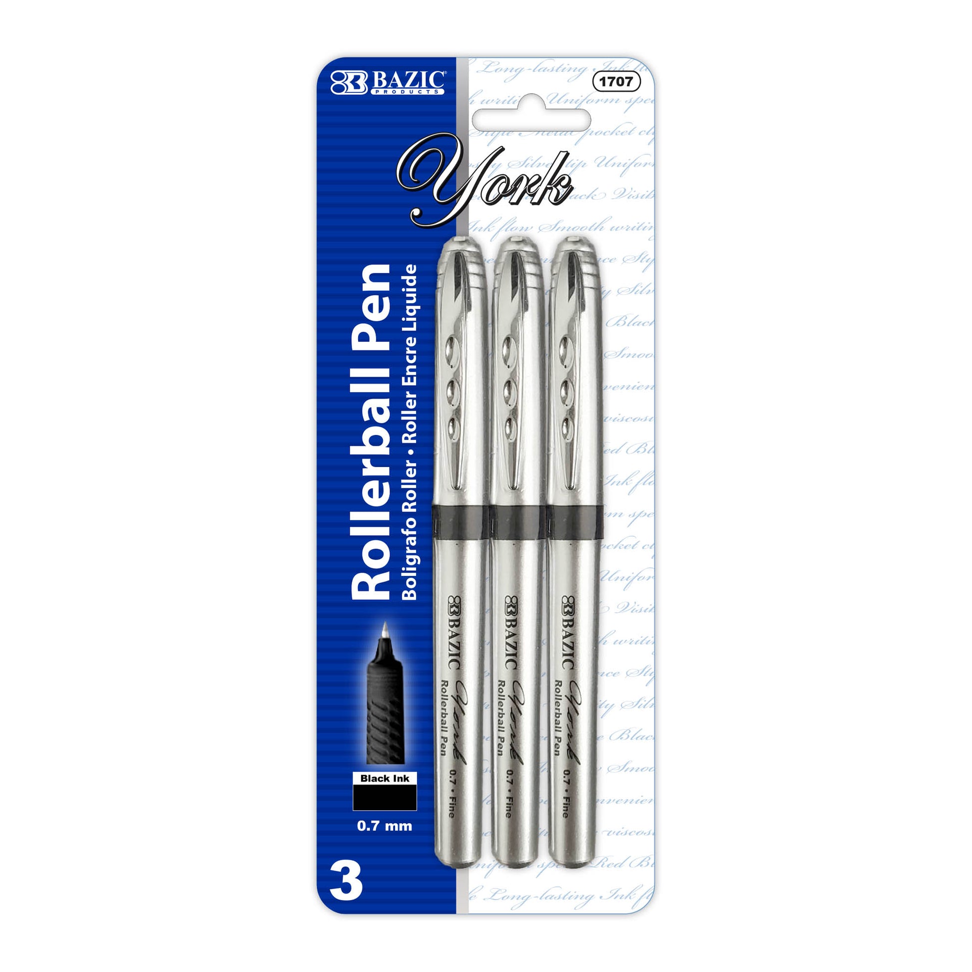 Set of three Bazicstore York black rollerball pens with grip, ideal for smooth writing and comfortable handling.
