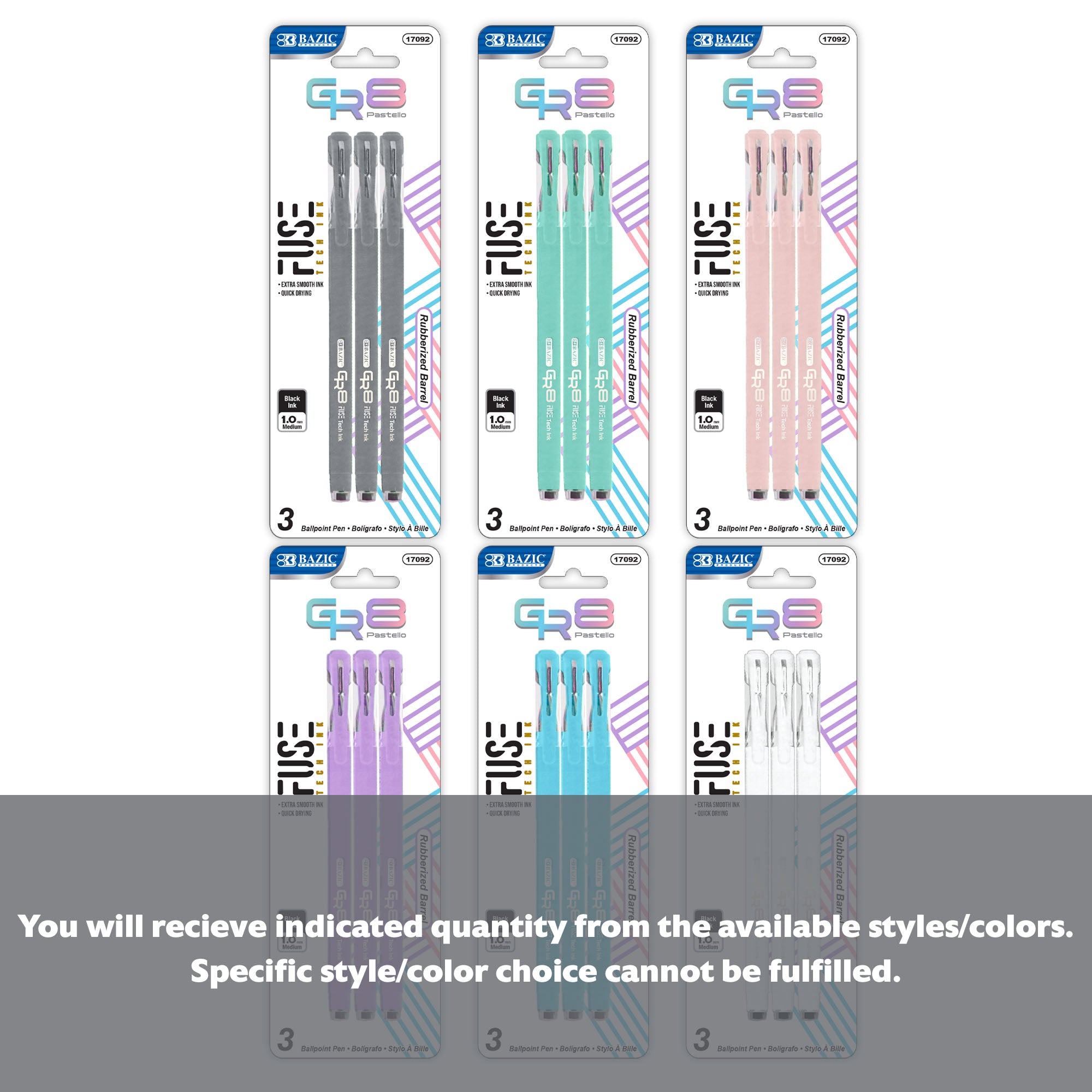 GR8 Dazzle Black FUSE Tech Ink Pen w/ Rubberized Barrel (3/Pack)