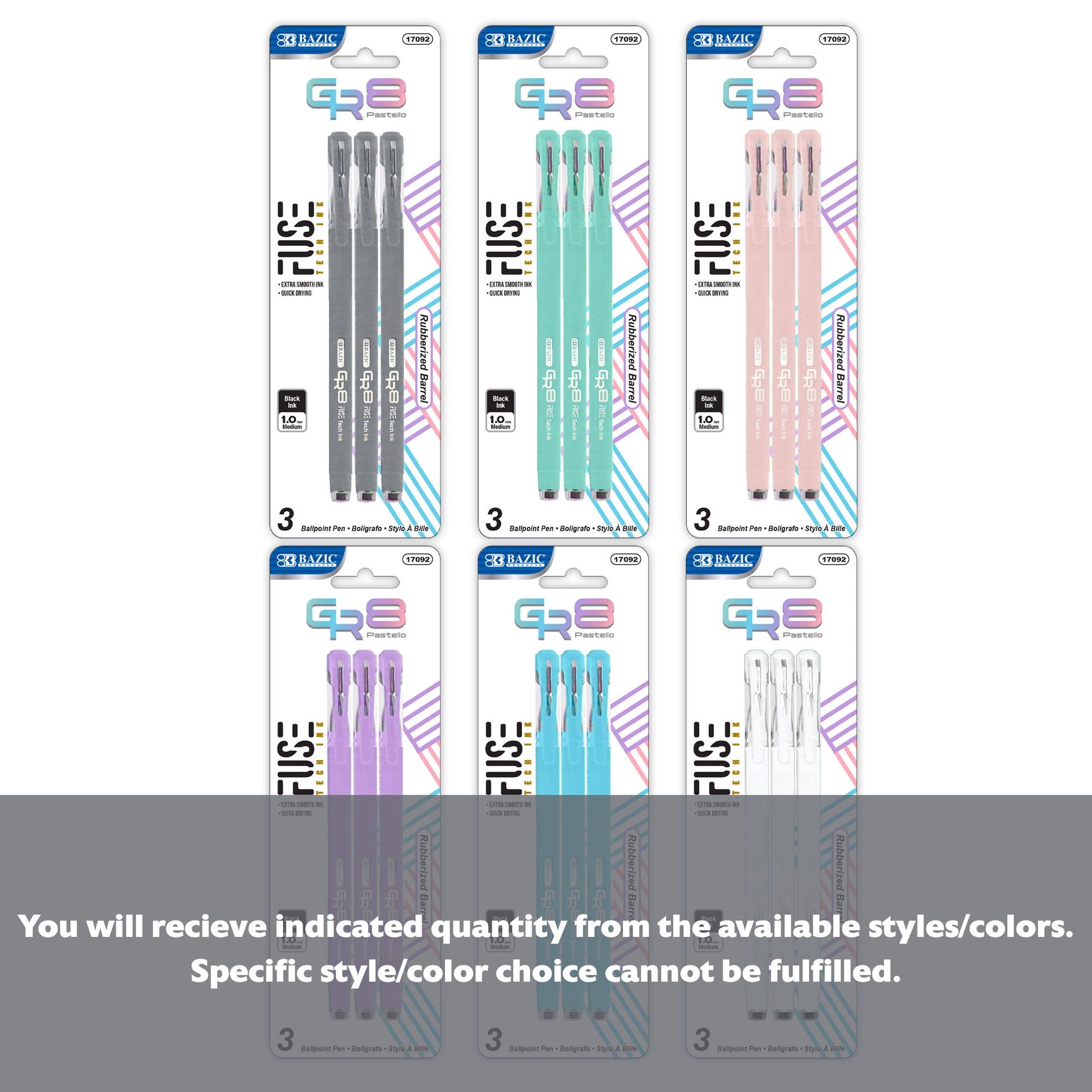 GR8 Dazzle Black FUSE Tech Ink Pen w/ Rubberized Barrel (3/Pack)