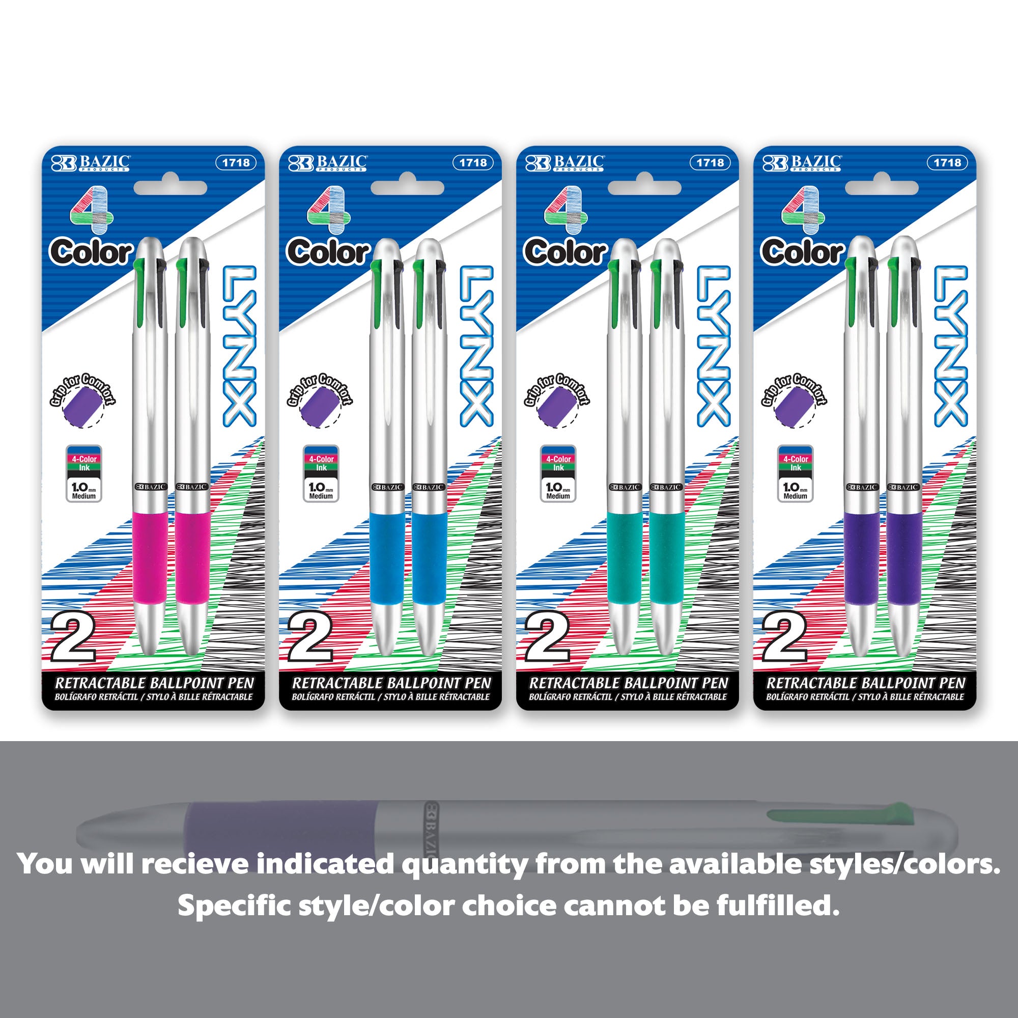 Lynx Silver Top 4-Color Pen w/ Cushion Grip (2/Pack)