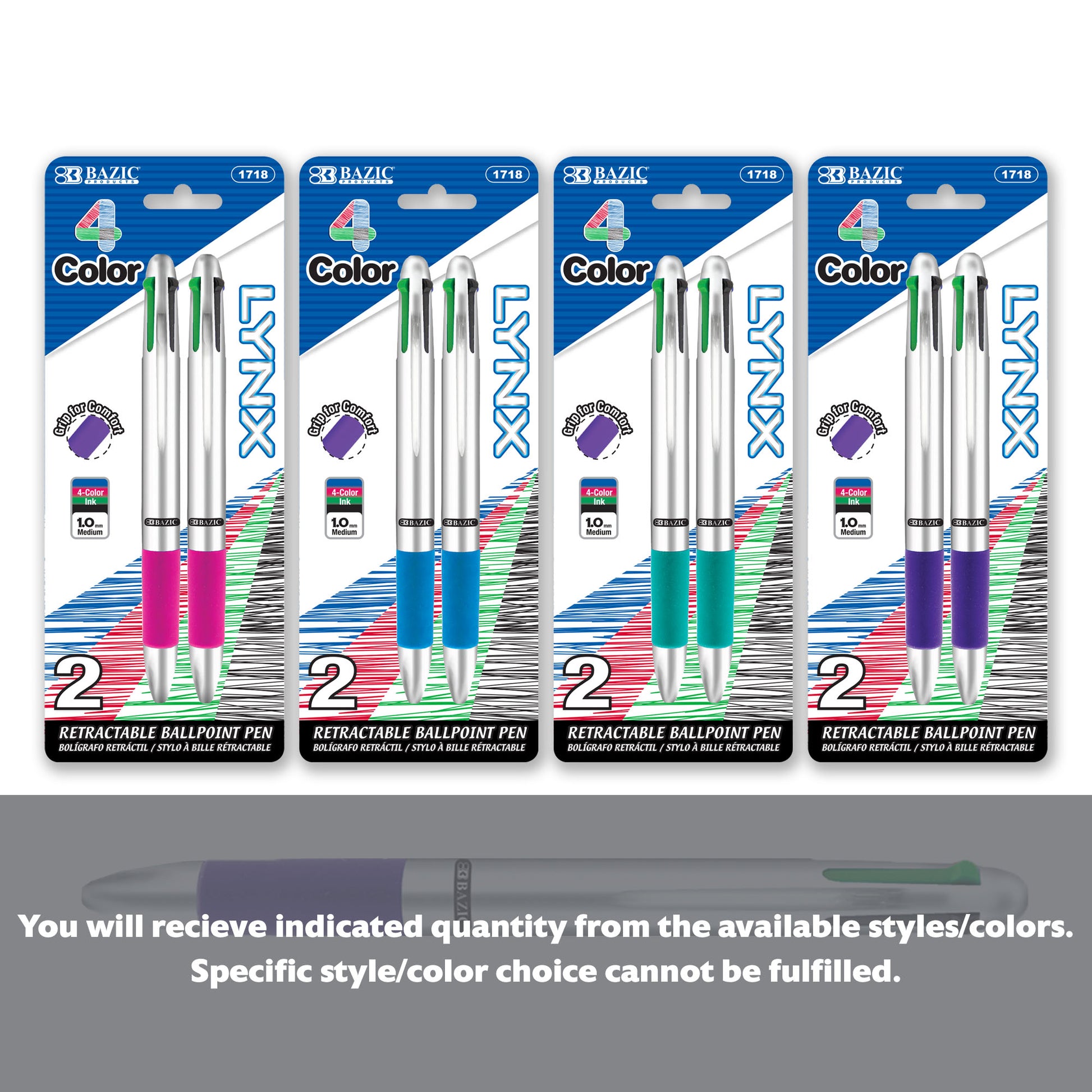 Lynx Silver Top 4-Color Pen w/ Cushion Grip (2/Pack)