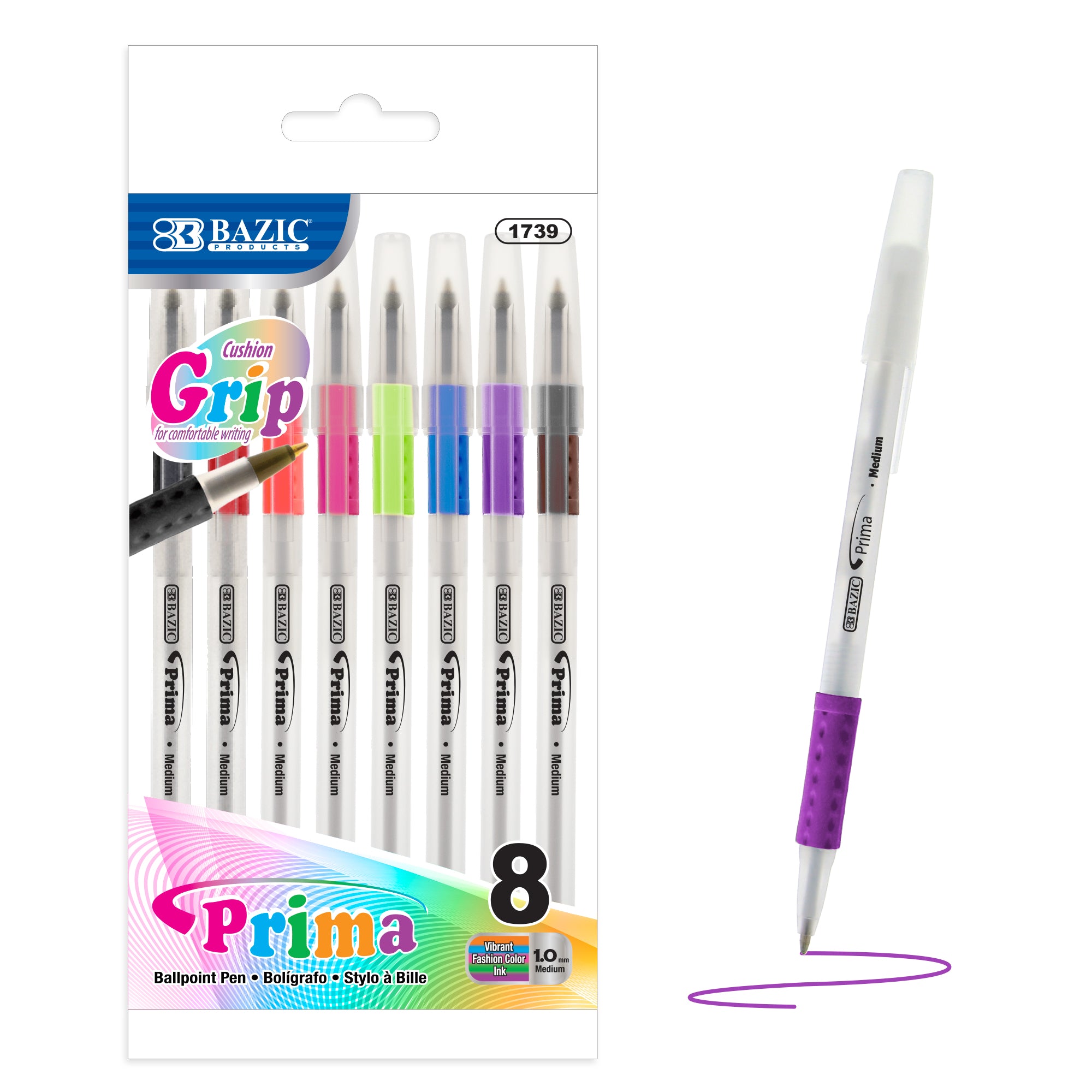 Bazicstore 8-color Prima stick pen with cushion grip, featuring colorful ink options and ergonomic design for comfortable writing.