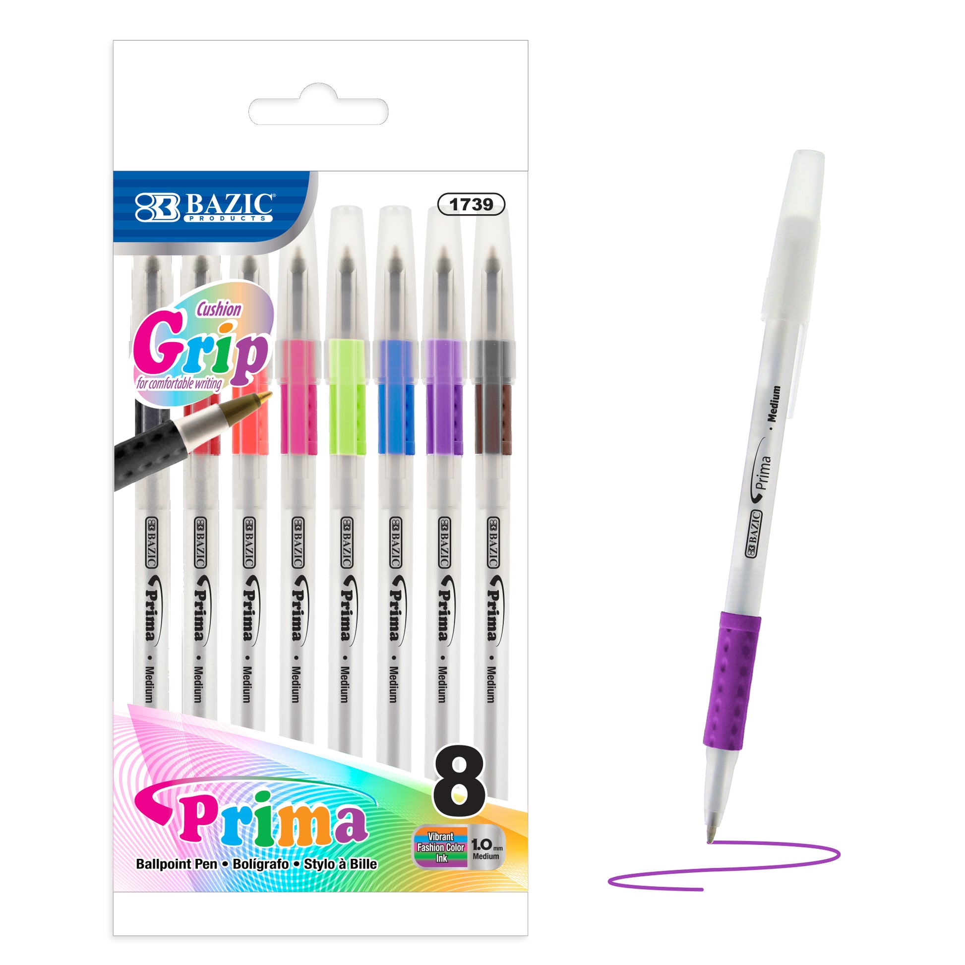 Bazicstore 8-color Prima stick pen with cushion grip, featuring colorful ink options and ergonomic design for comfortable writing.