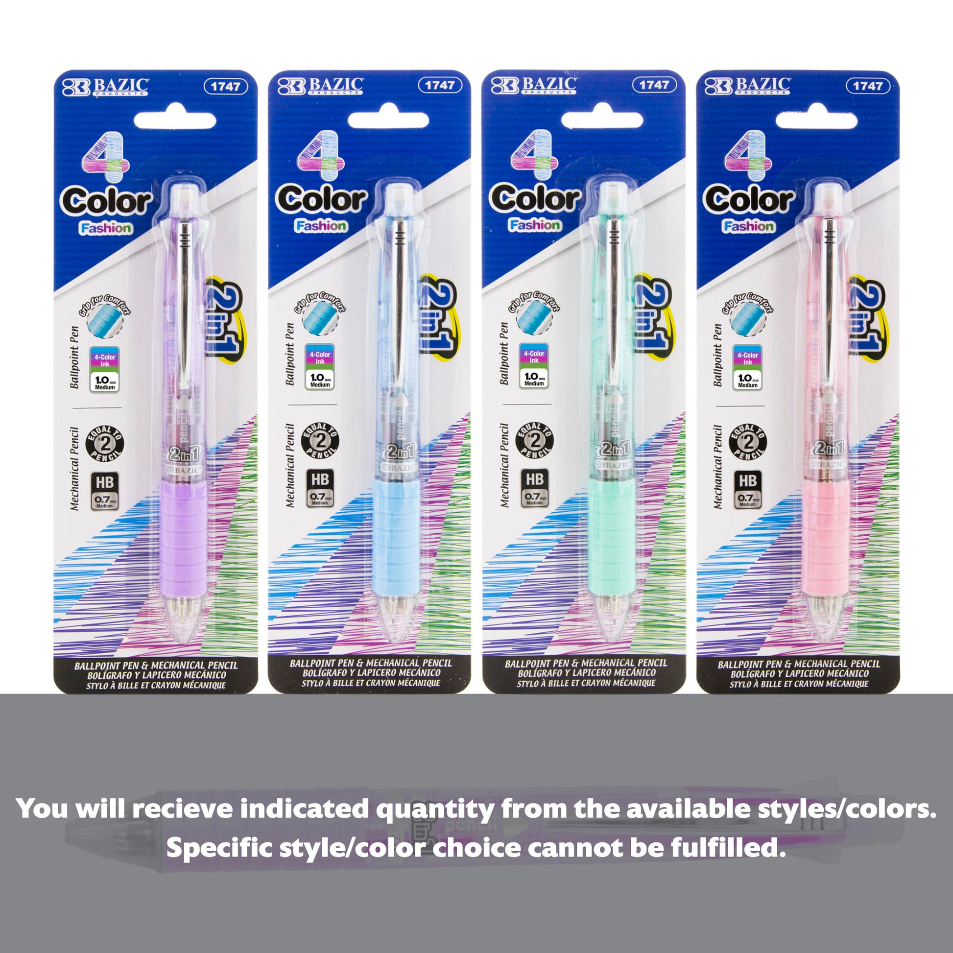 Bazicstore 2-in-1 mechanical pencil and 4 fashion color pens with cushion grip, versatile writing and drawing tools.