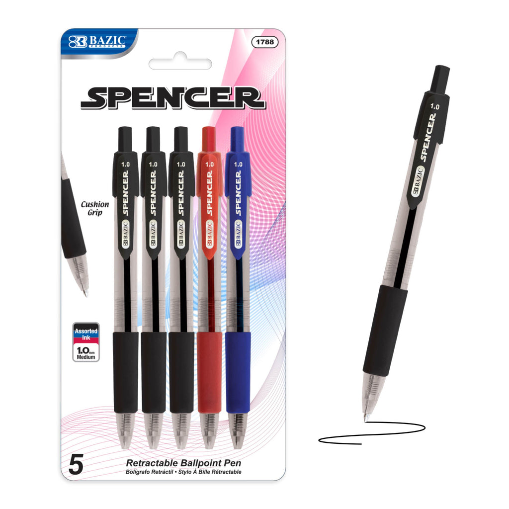 Spencer Asst. Color Retractable Pen w/ Cushion Grip (5/Pack)