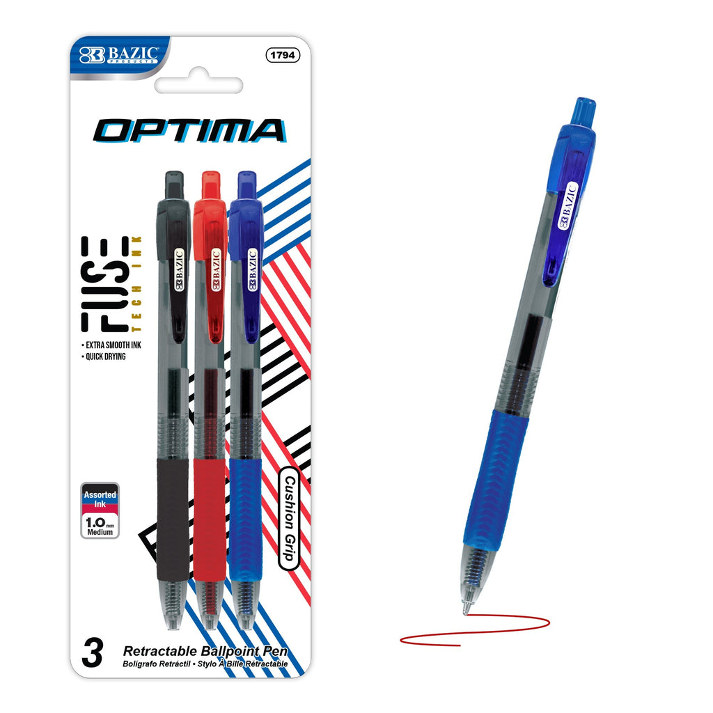 Optima Assorted Color FUSE Tech Ink Retractable Pen w/ Grip (3/Pack)