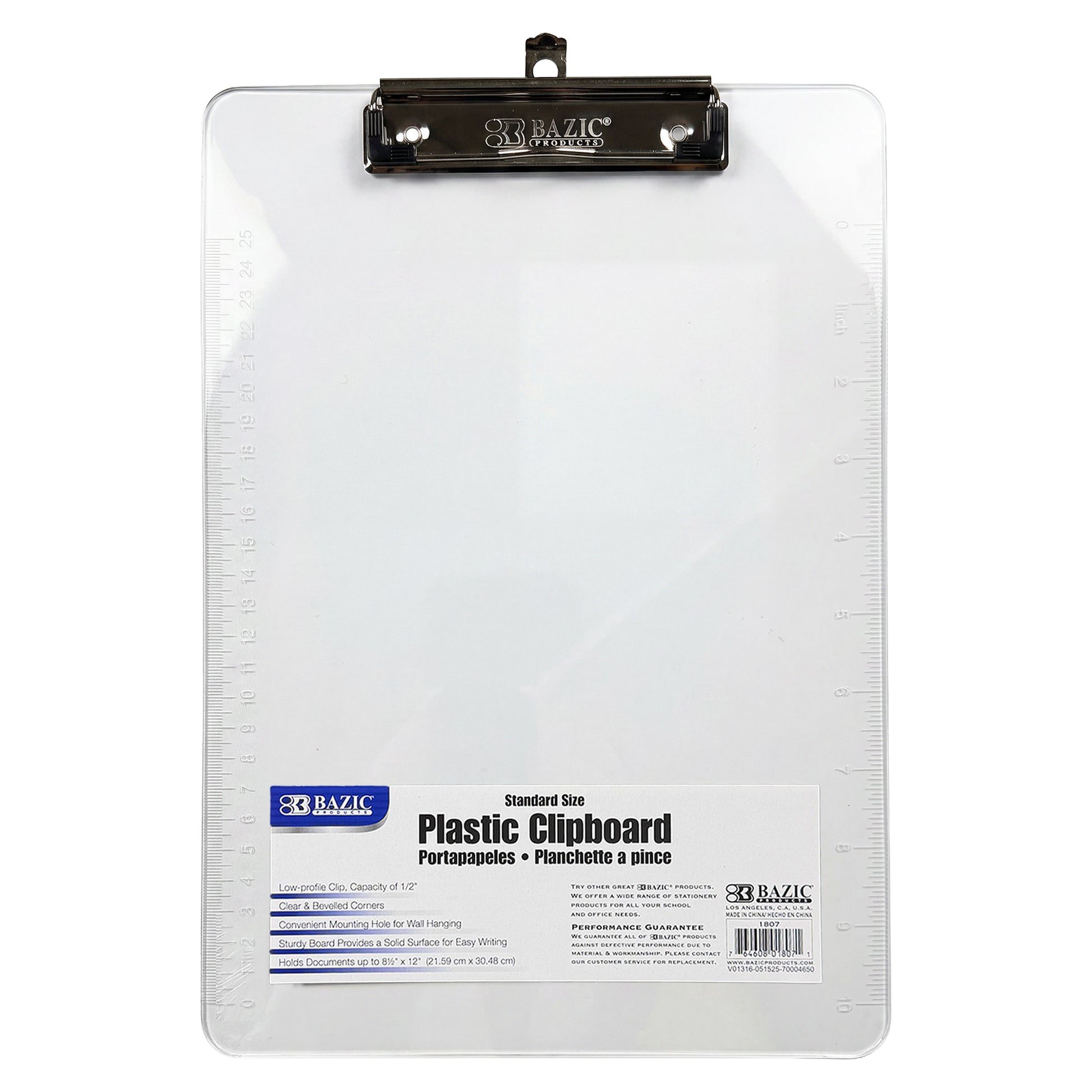 BAZIC standard size clear plastic clipboard with low profile clip for holding papers securely.