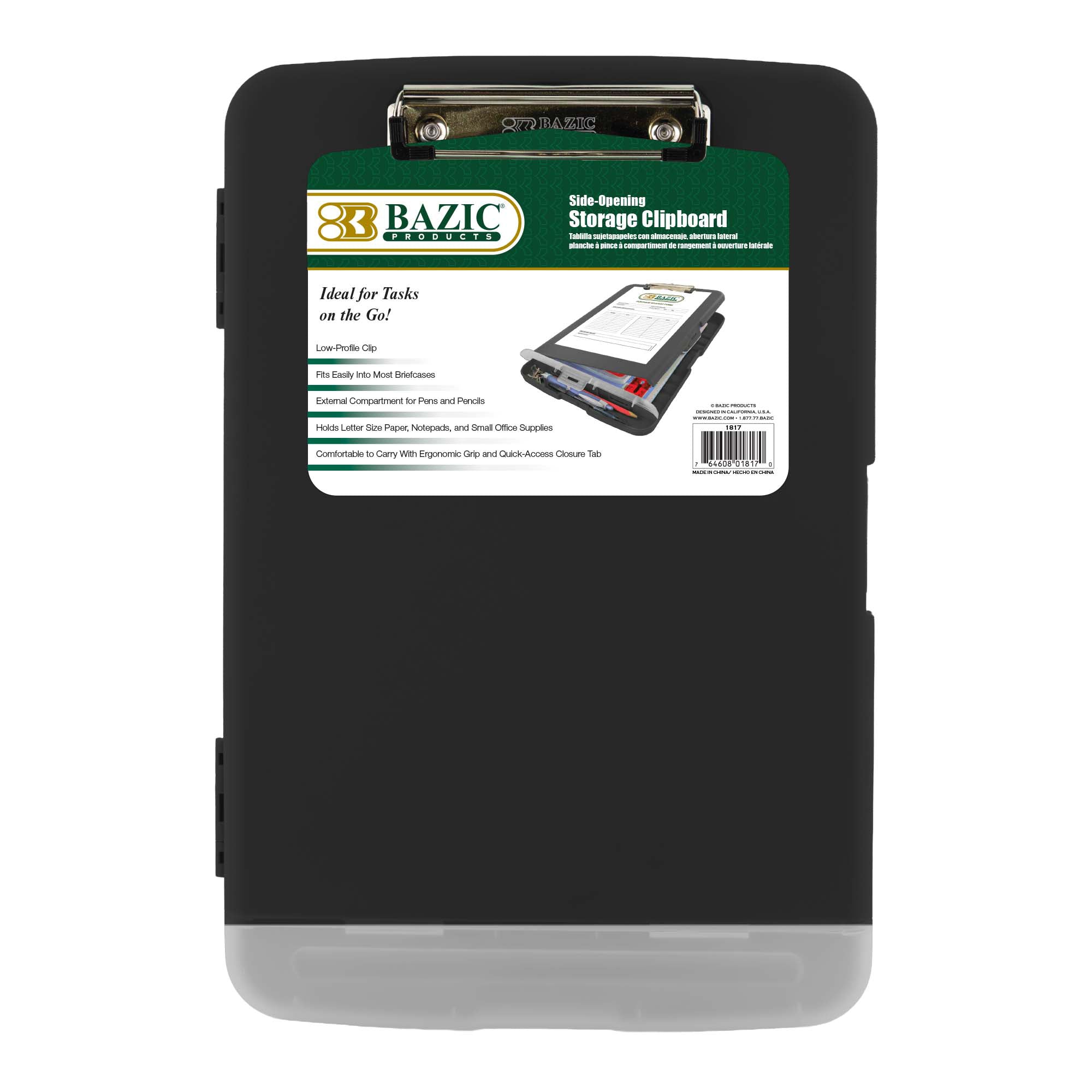 Black BYOB clipboard with storage compartment and integrated pen holder, perfect for organizing documents and writing supplies.