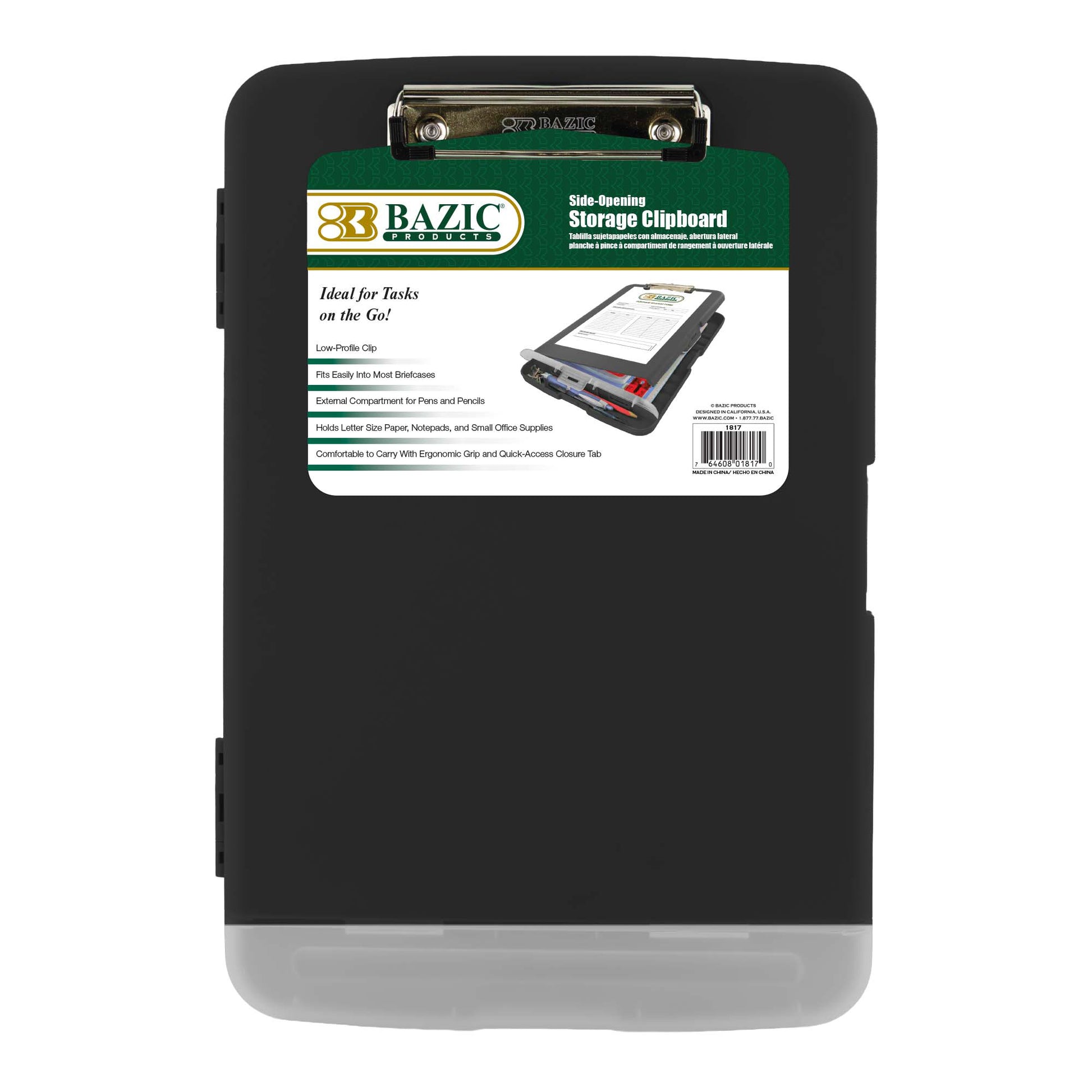 Black BYOB clipboard with storage compartment and integrated pen holder, perfect for organizing documents and writing supplies.