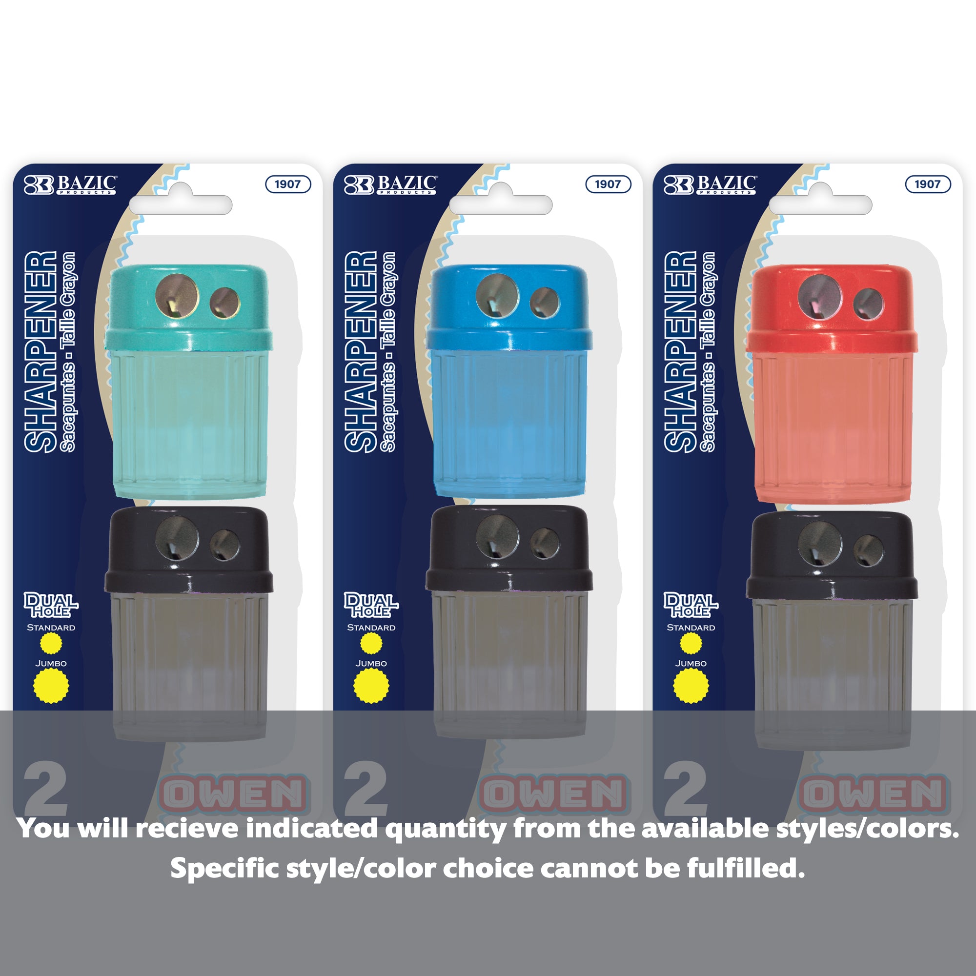 BAZIC Owen dual hole pencil sharpener with round receptacle, shown in a 2-pack, for precise sharpening of pencils.