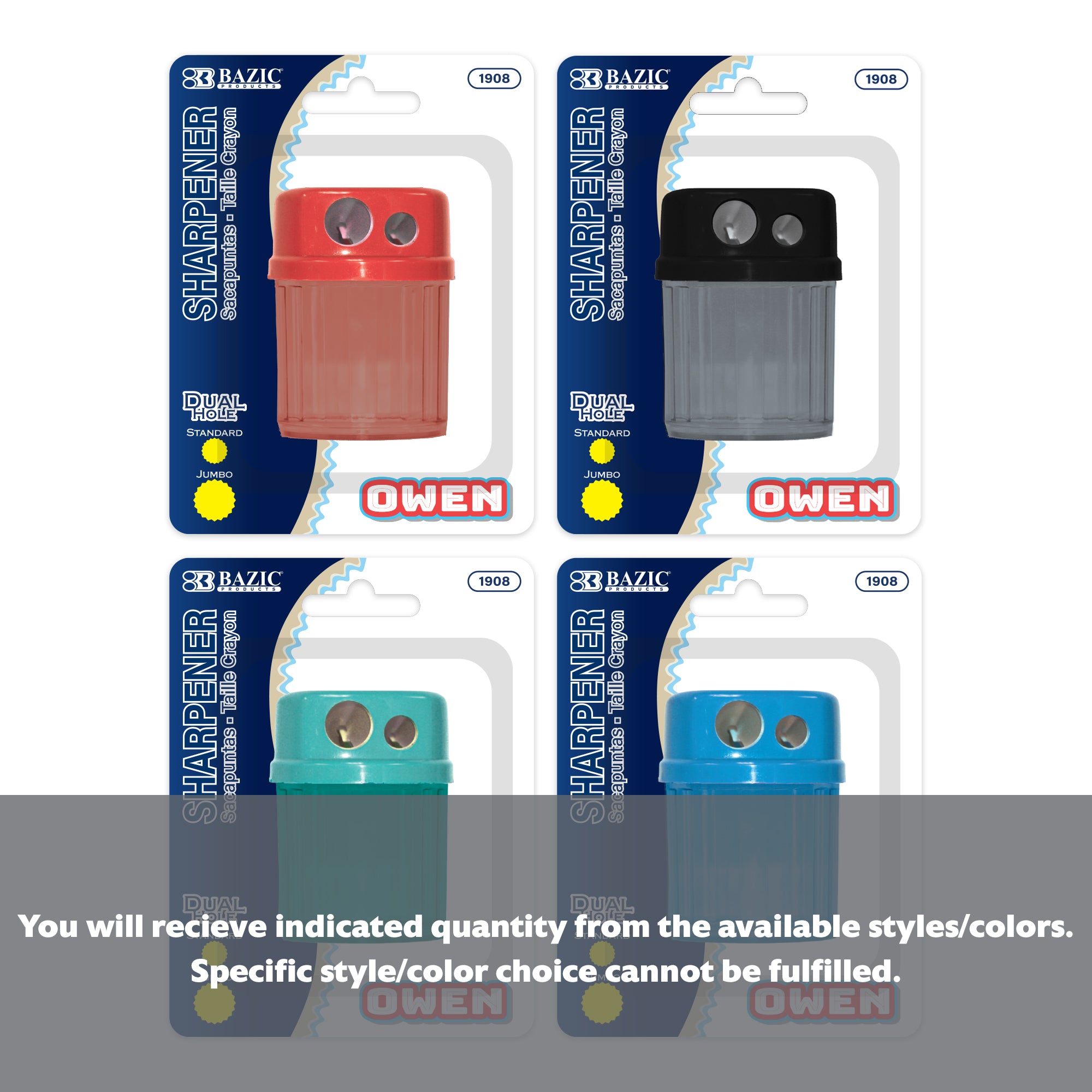 Bazicstore Owen dual hole sharpener with round receptacle, compact blue plastic pencil sharpener for school or office use.