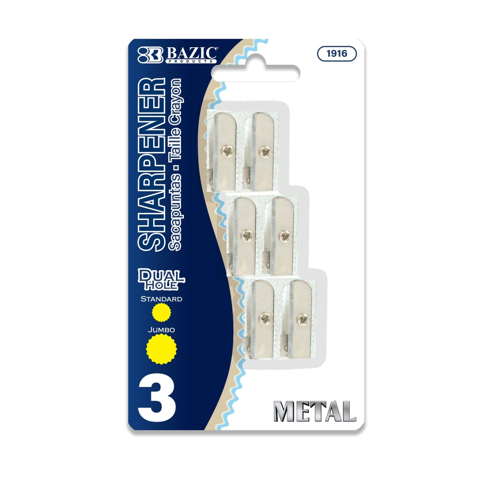 BAZIC dual hole metal pencil sharpener pack with three sharpeners, featuring durable metal construction and ergonomic design.