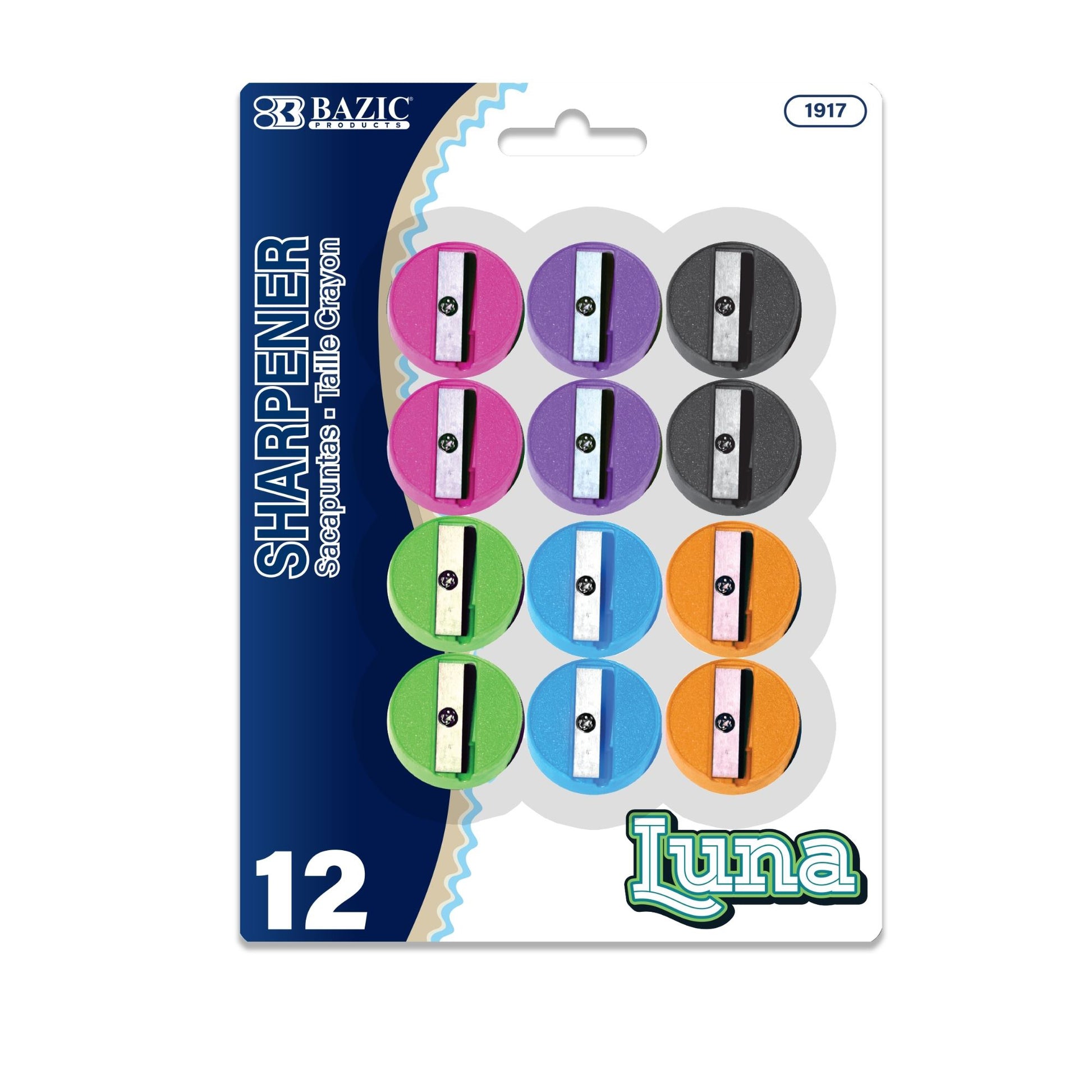 Set of 12 BAZIC Luna Round Pencil Sharpeners, BYOB style, featuring compact round design and durable plastic construction.
