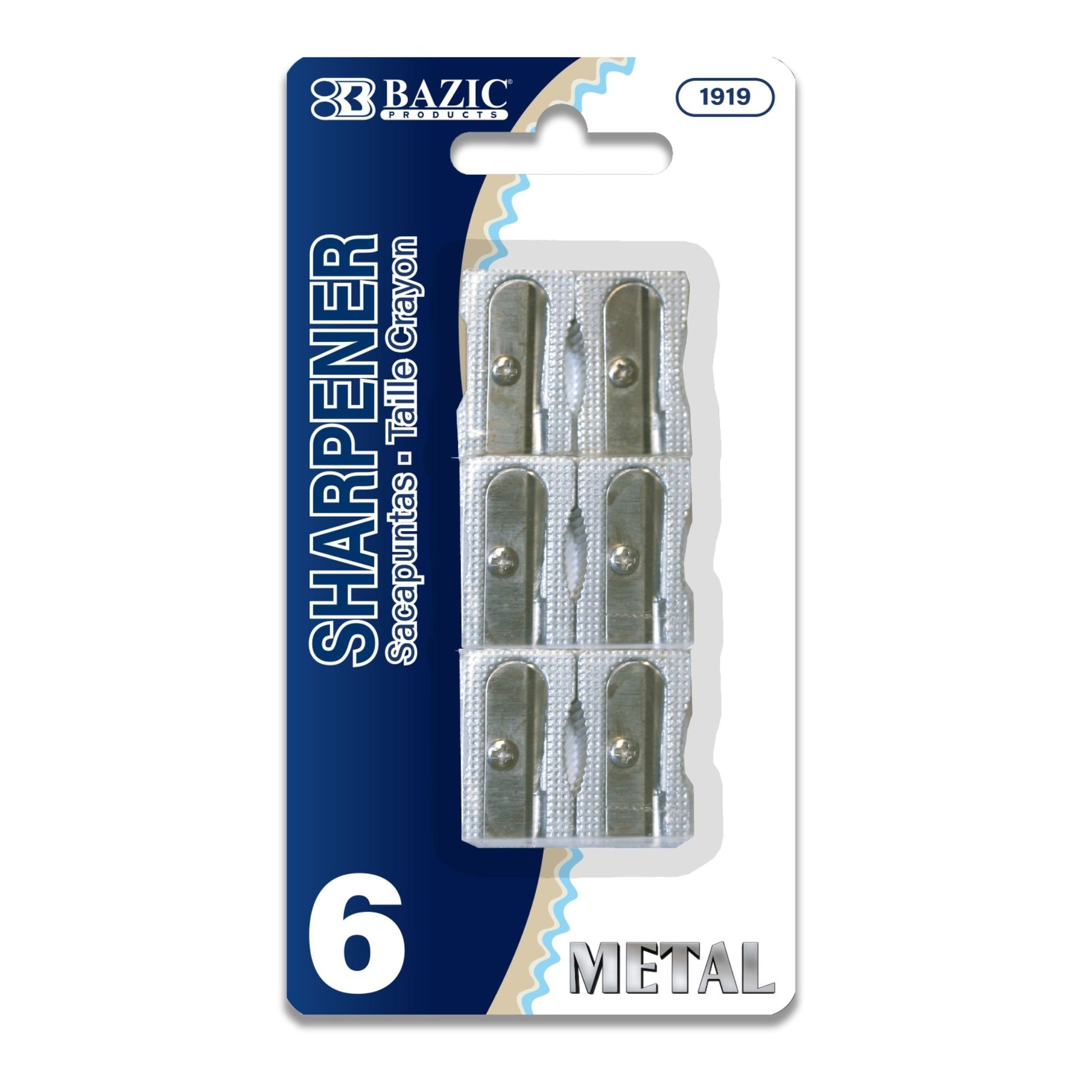 Set of six BAZIC BYOB single hole metal pencil sharpeners with compact design and durable metal construction.