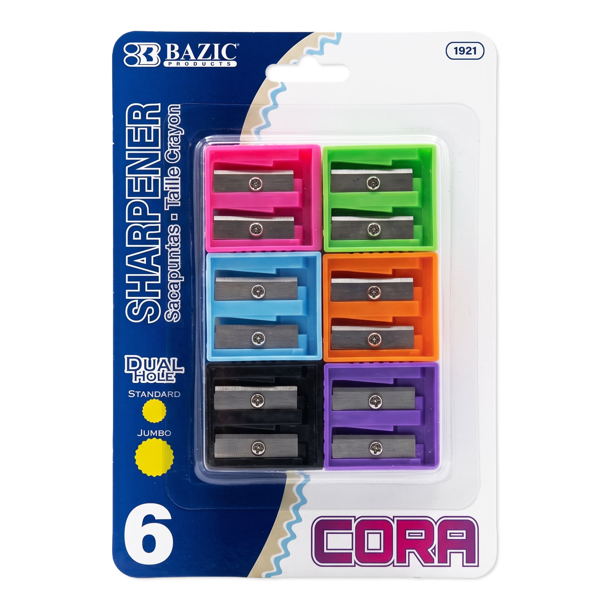 Six Bazicstore Cora Dual Hole Square Sharpener BYOB set, showing black and gray sharpeners with dual holes for pencils.