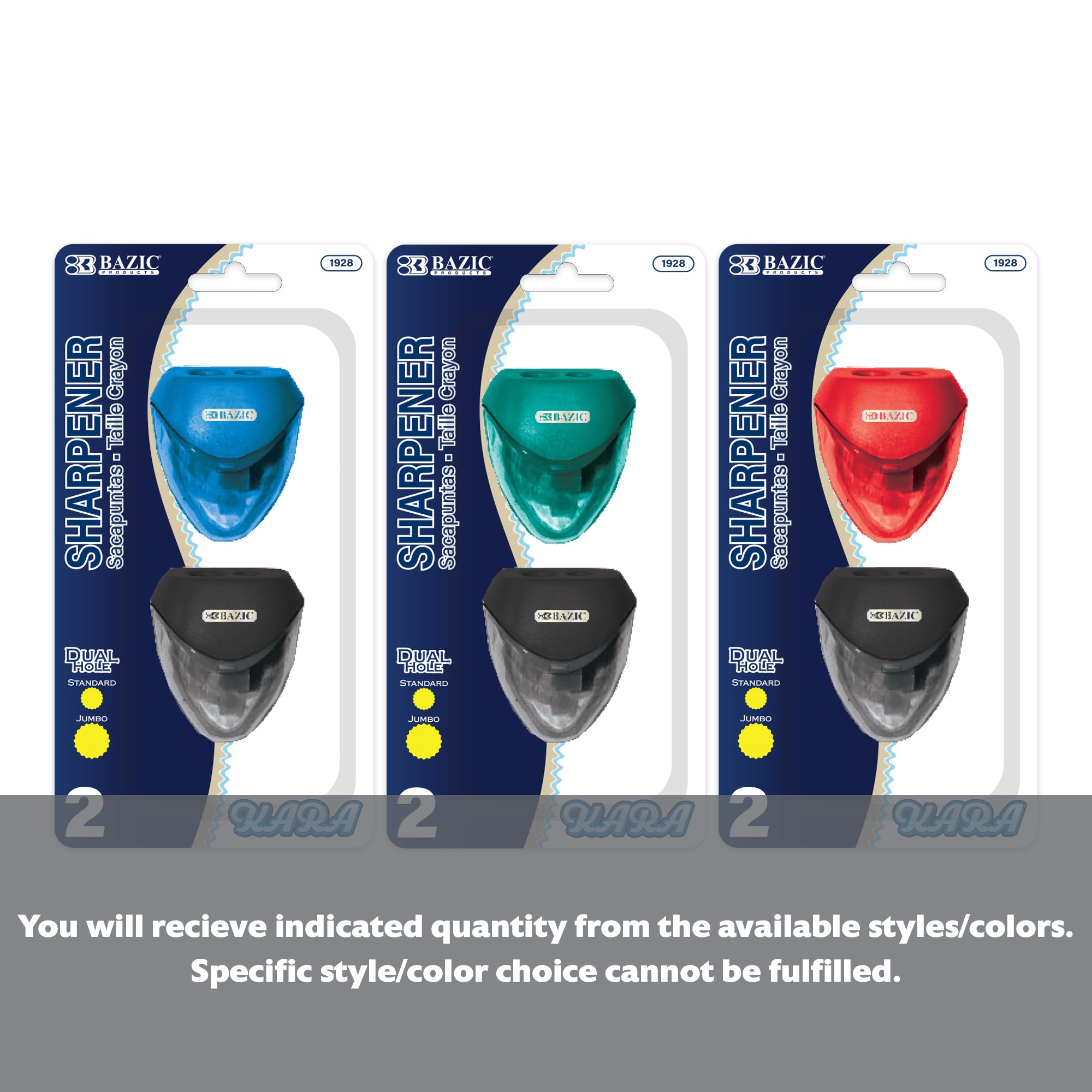 BAZIC Kara dual hole sharpener with triangle receptacle, shown in a 2-pack, featuring ergonomic design for pencil sharpening.