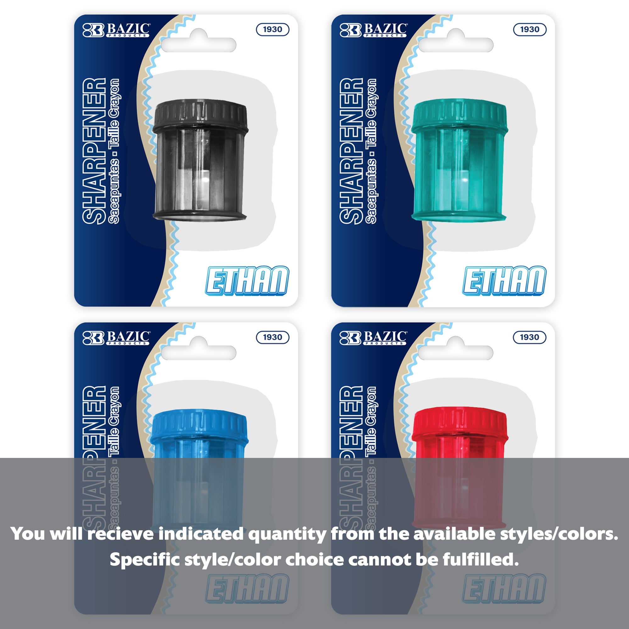 BAZIC Ethan Sharpener with round receptacle, BYOB model, featuring a sturdy design and easy-to-empty pencil shavings container.