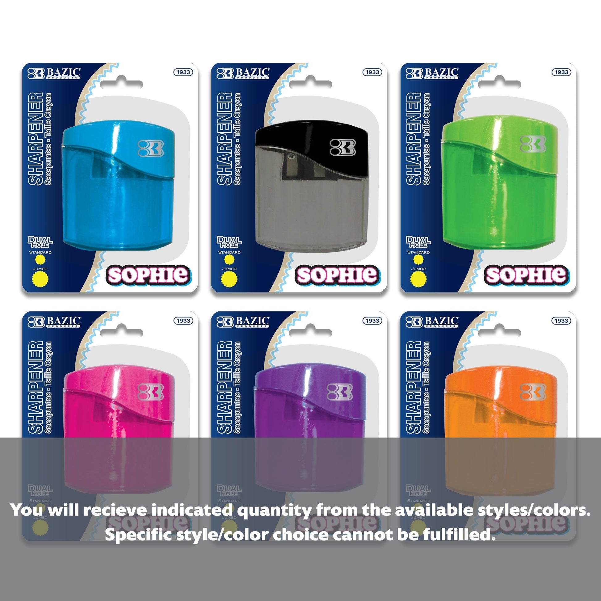 BAZIC Sophie dual hole sharpener with square receptacle, compact classroom pencil sharpener for school or office use.