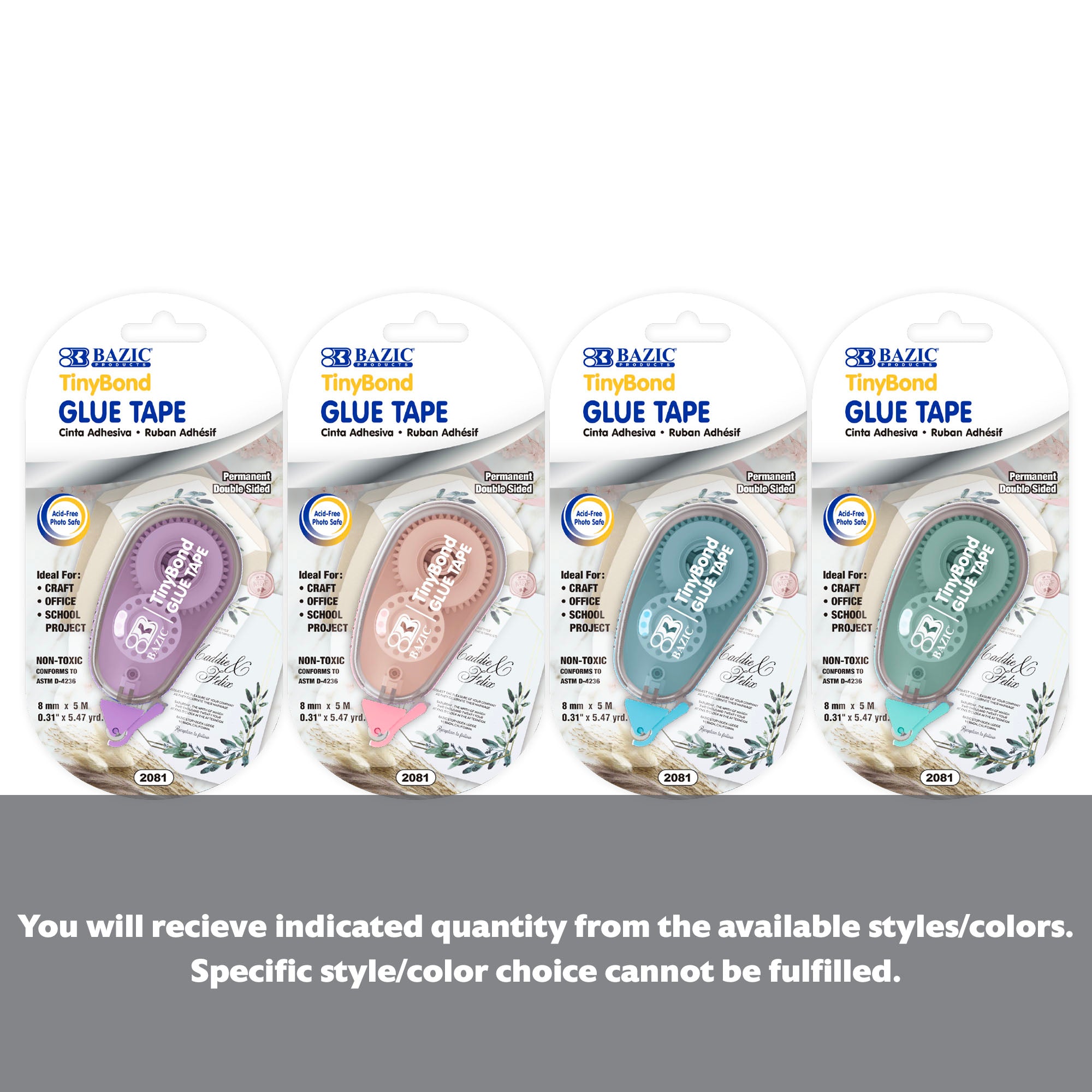 BAZIC TinyBond 8mm x 5m permanent glue tape from BYOB, shown in clear packaging with tape roll and applicator