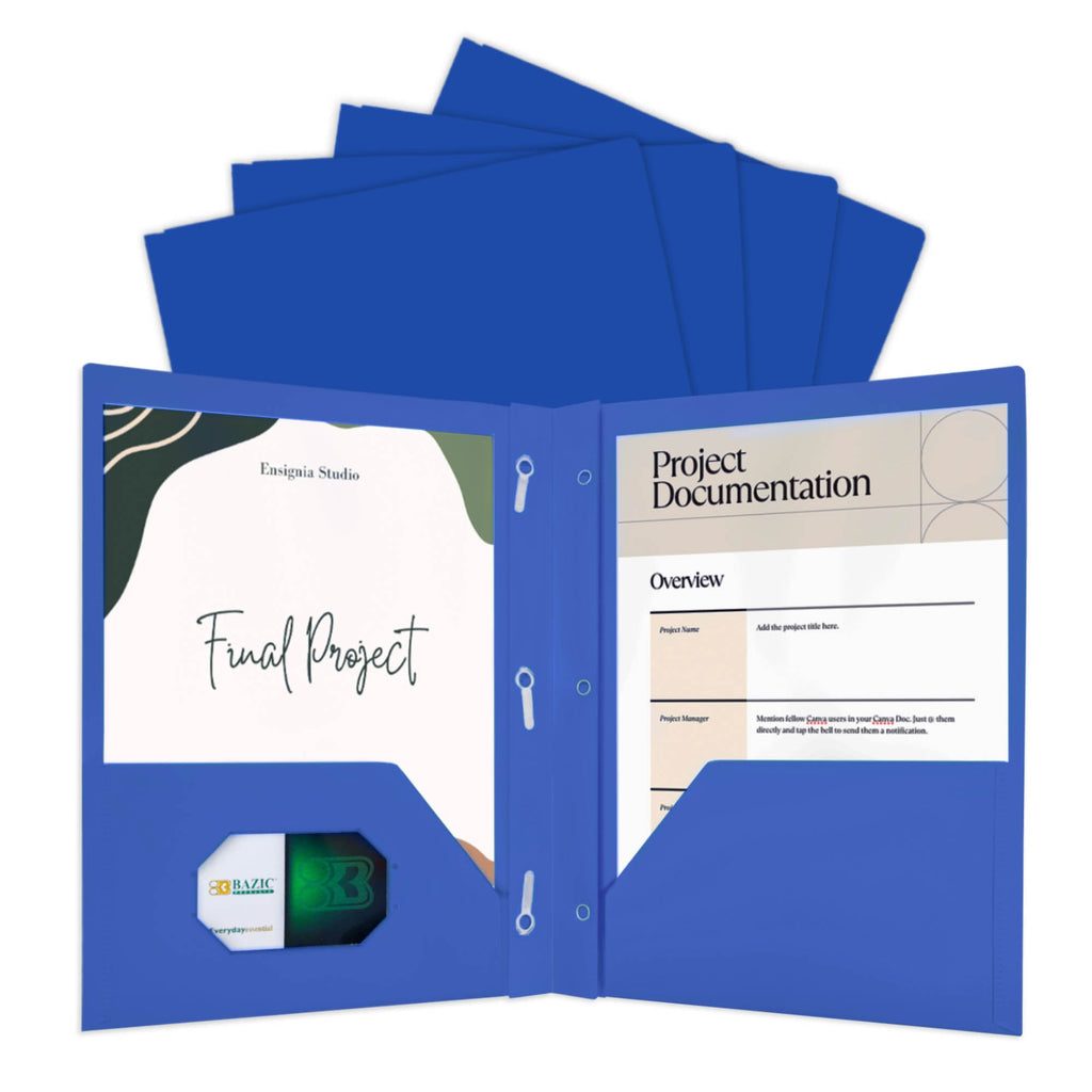 Blue Color 2-Pockets Poly Portfolio w/ 3 Prongs