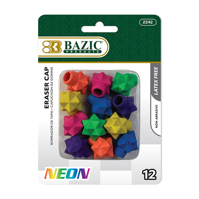 Set of 12 BYOB Star Neon Eraser Caps by Bazicstore, colorful pencil eraser caps with star shapes for fun and effective erasing.