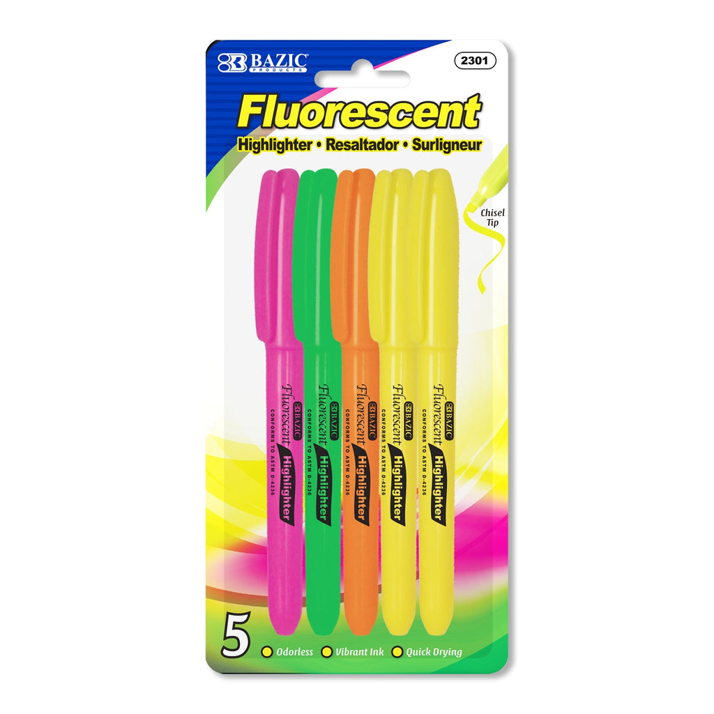 Pen Style Fluorescent Highlighters w/ Pocket Clip (5/Pack)