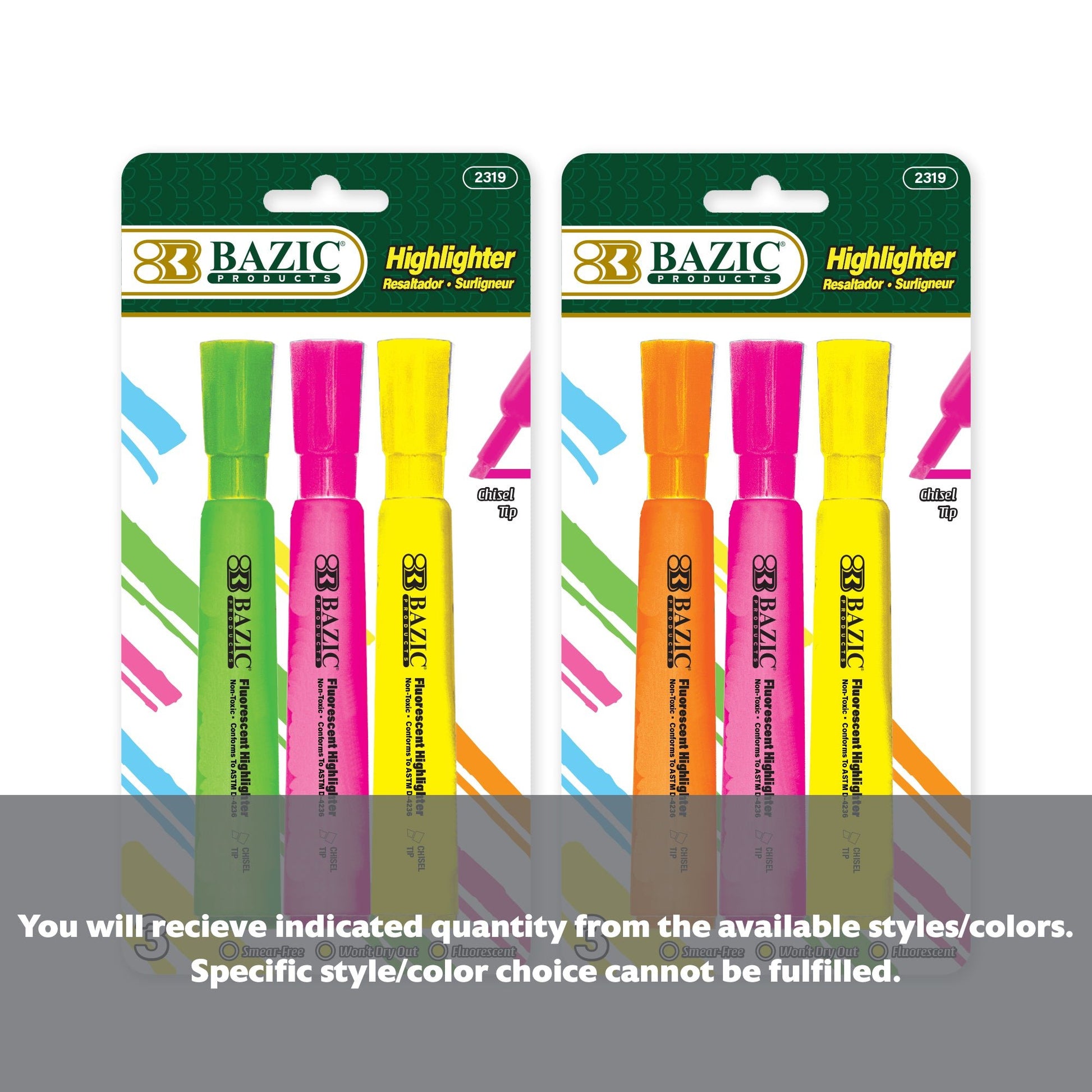 BAZIC BYOB desk style fluorescent highlighters set with three vibrant colors on a white background.