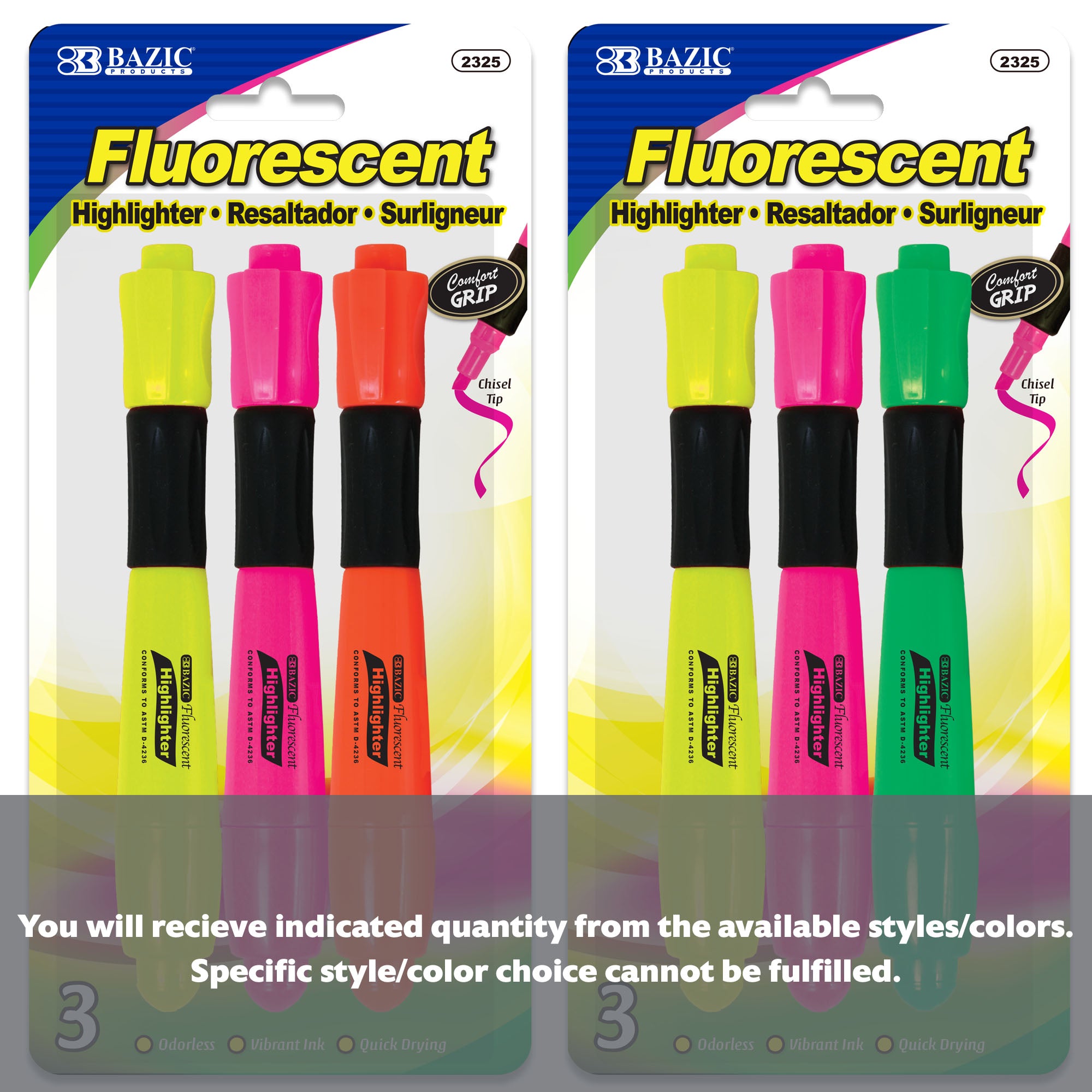 Desk Style Fluorescent Highlighters w/ Cushion Grip (3/Pack)