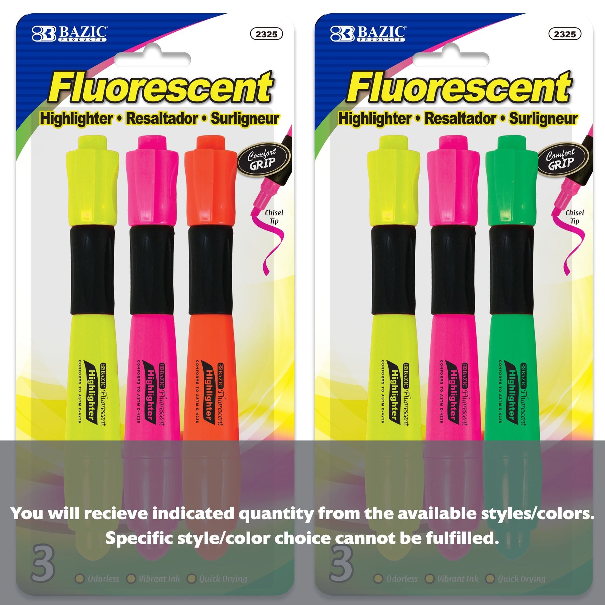 Desk Style Fluorescent Highlighters w/ Cushion Grip (3/Pack)