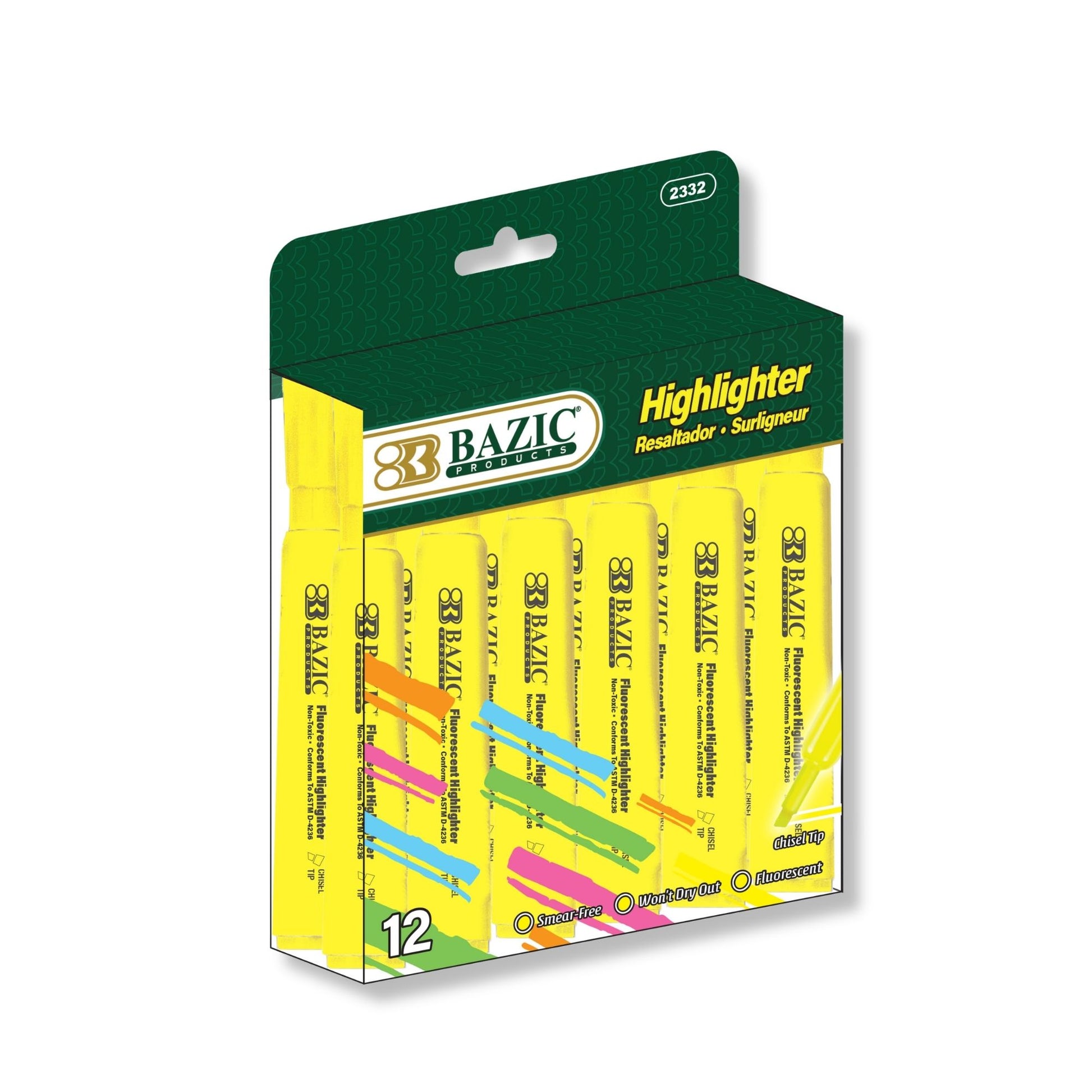 BAZIC yellow desk-style fluorescent highlighters in a 12-pack, ideal for office or school use, with chisel tips for highlighting.