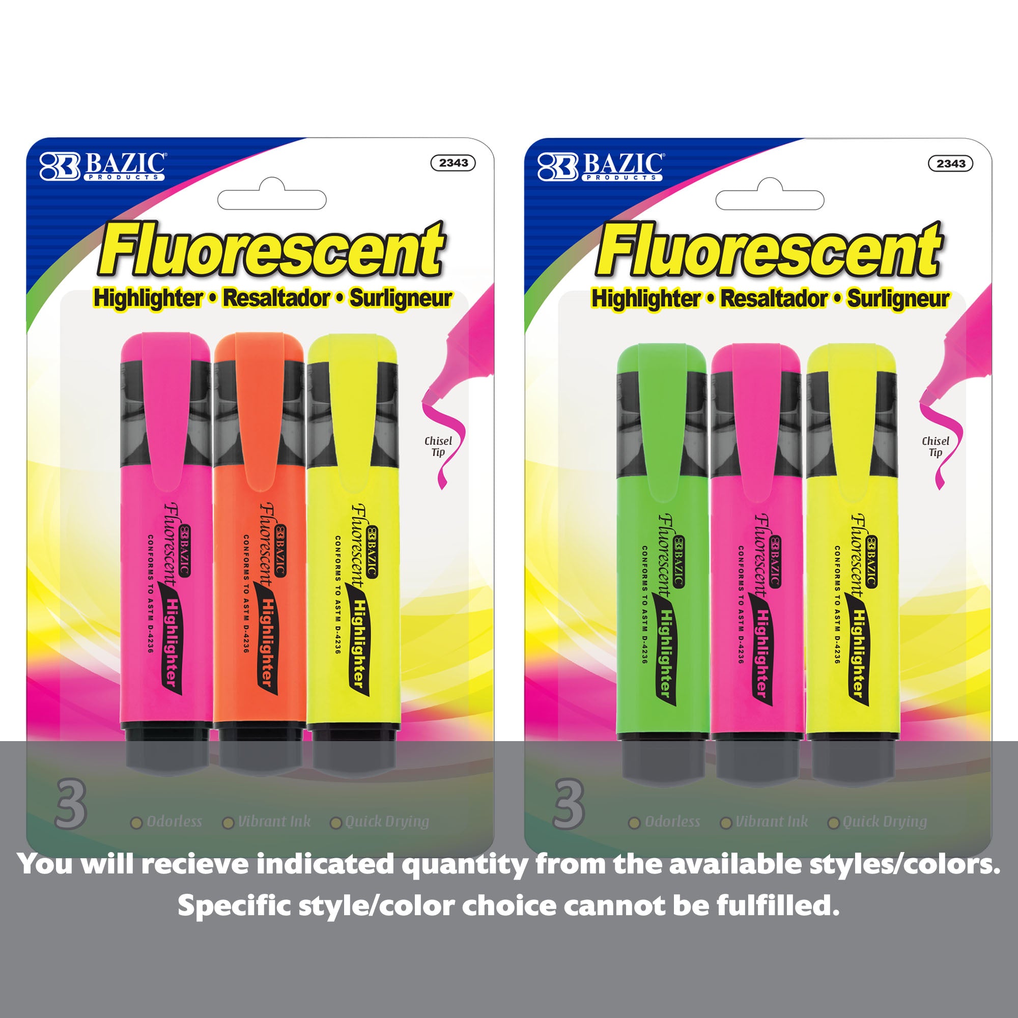 Fluorescent Highlighters w/ Pocket Clip (3/Pack)