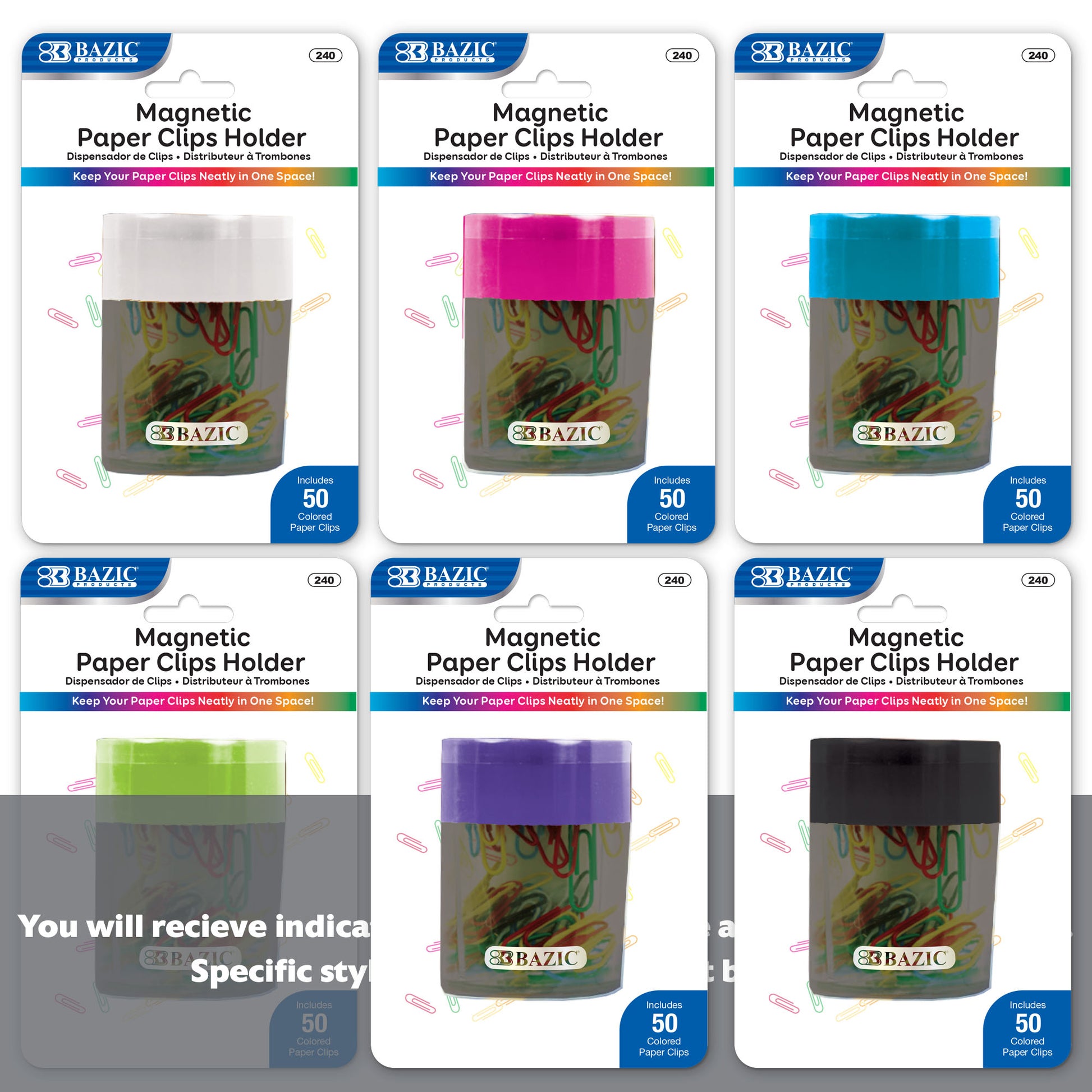 BAZIC BYOB magnetic paper clip holder with assorted color paper clips, compact desk organizer for office or school use.