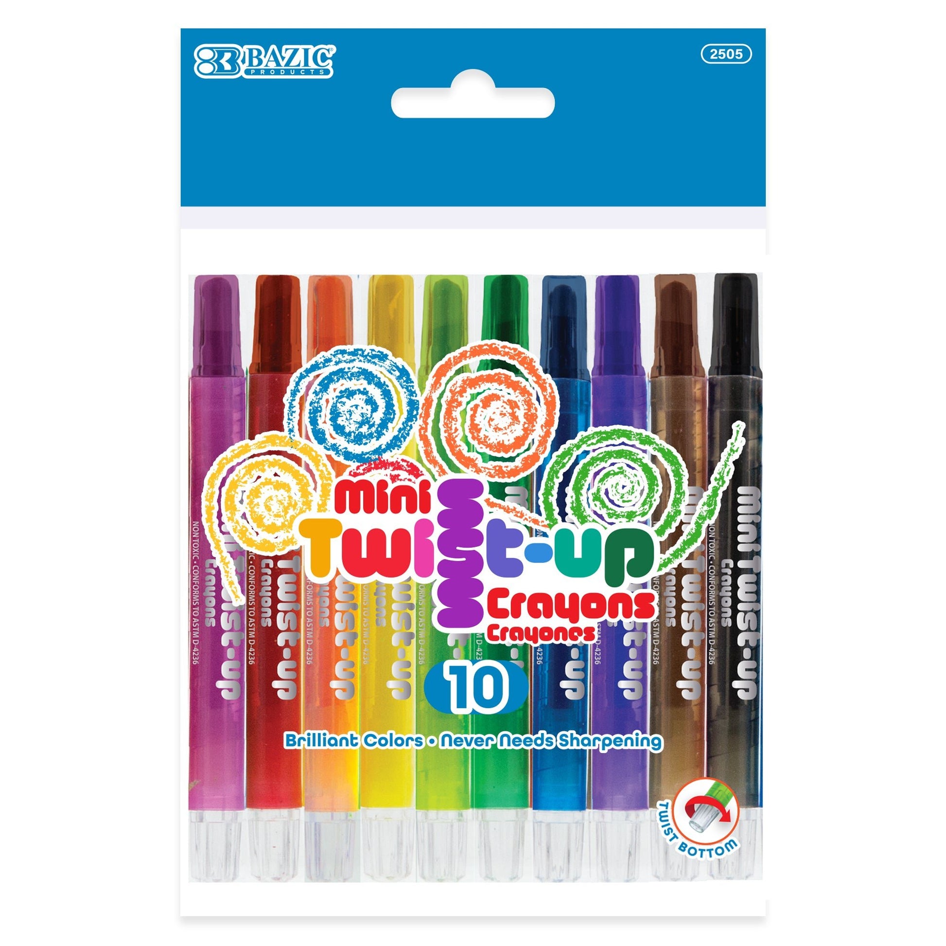 BAZIC 10-color mini twist-up propelling crayons in a compact BYOB set, featuring vibrant colors and easy twist-up design.