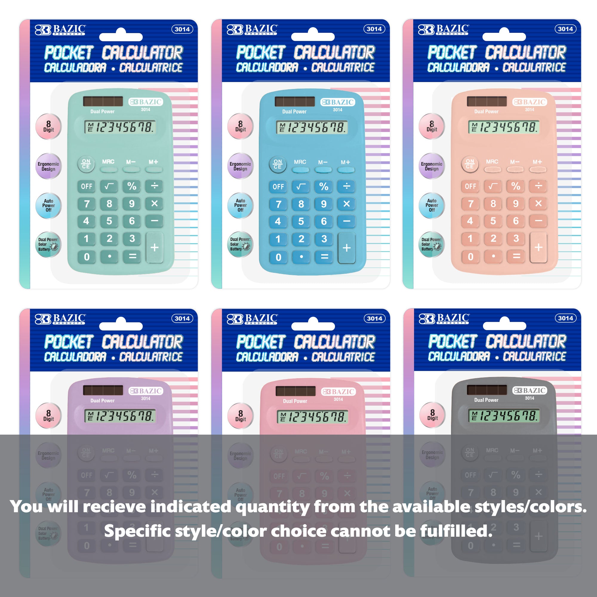 BZBox 8-digit dual power pocket calculator in pastel colors, compact size with easy-to-read display and functional keys.