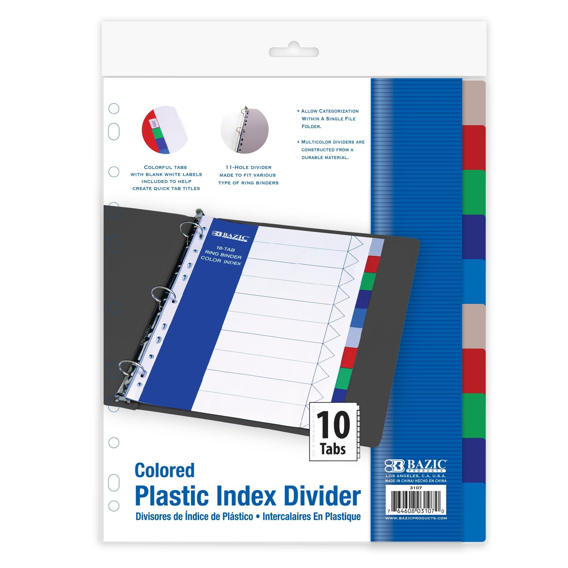 BAZIC BYOB dividers with 10-color tabs, transparent plastic pages and colorful tabbed dividers for organizing documents.