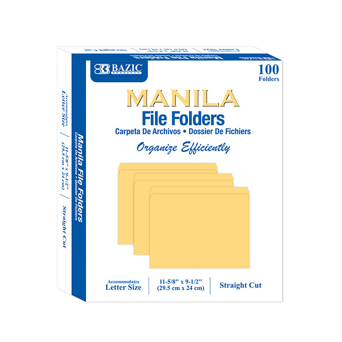 Manila file folder with straight cut edges, letter size, BYOB brand, stacked in a box for office or organization use.