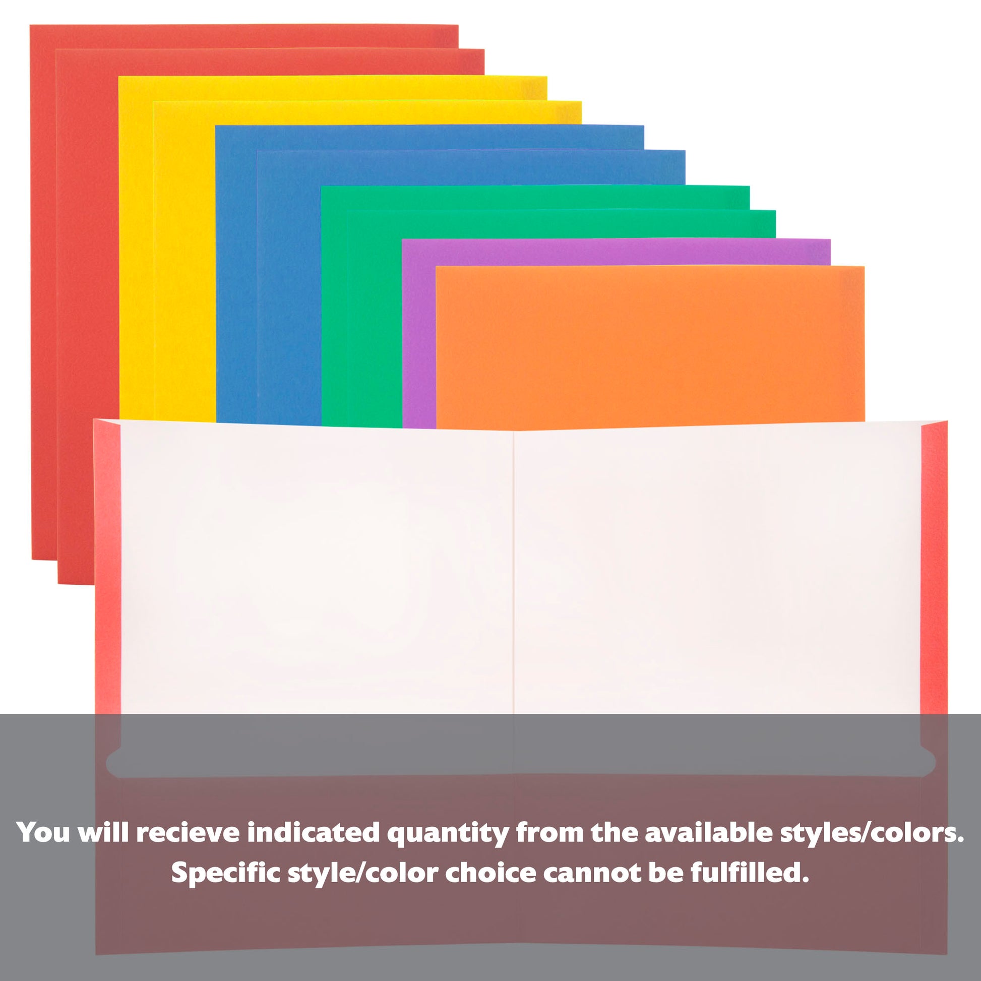 Assorted color BYOB 2-pocket portfolios by Bazicstore, open with papers inside, ideal for organizing documents.